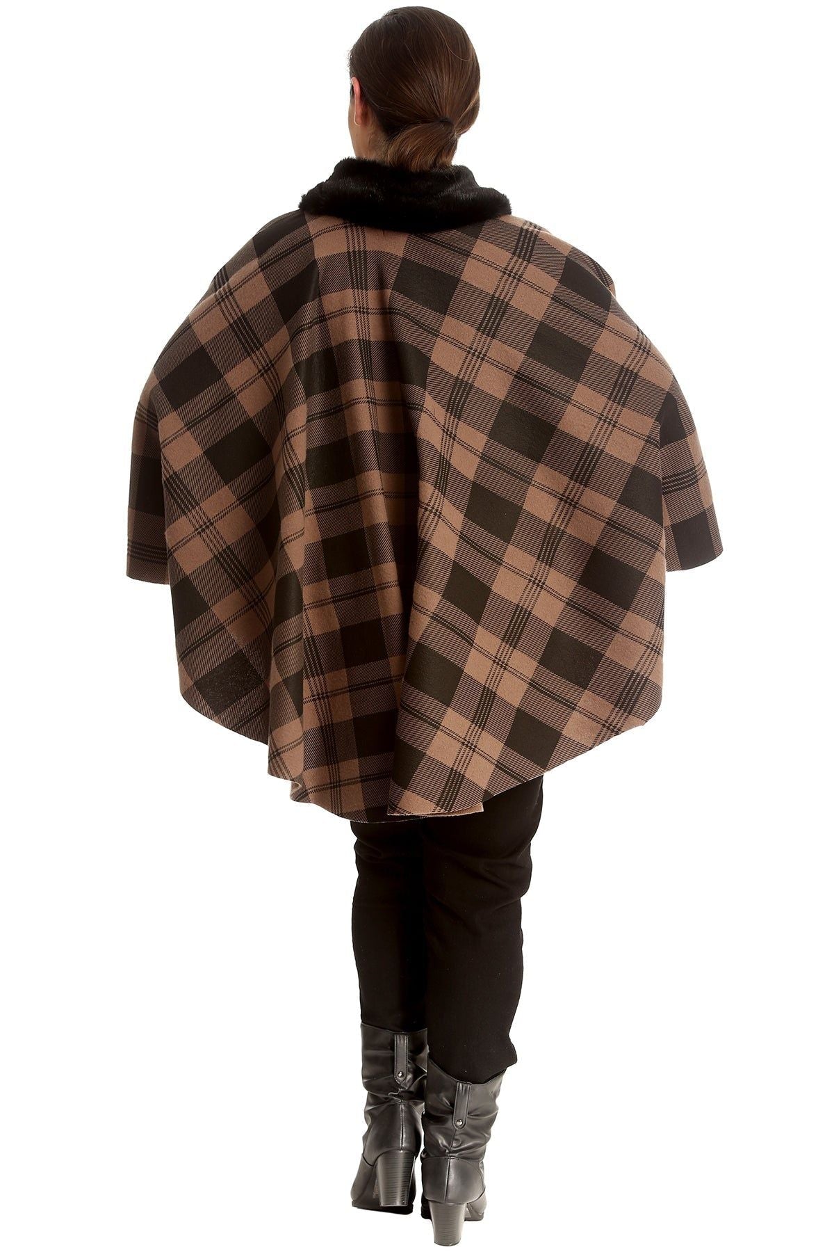 Faux Fur Check Tartan Cape Shawl Poncho Tops WearAll