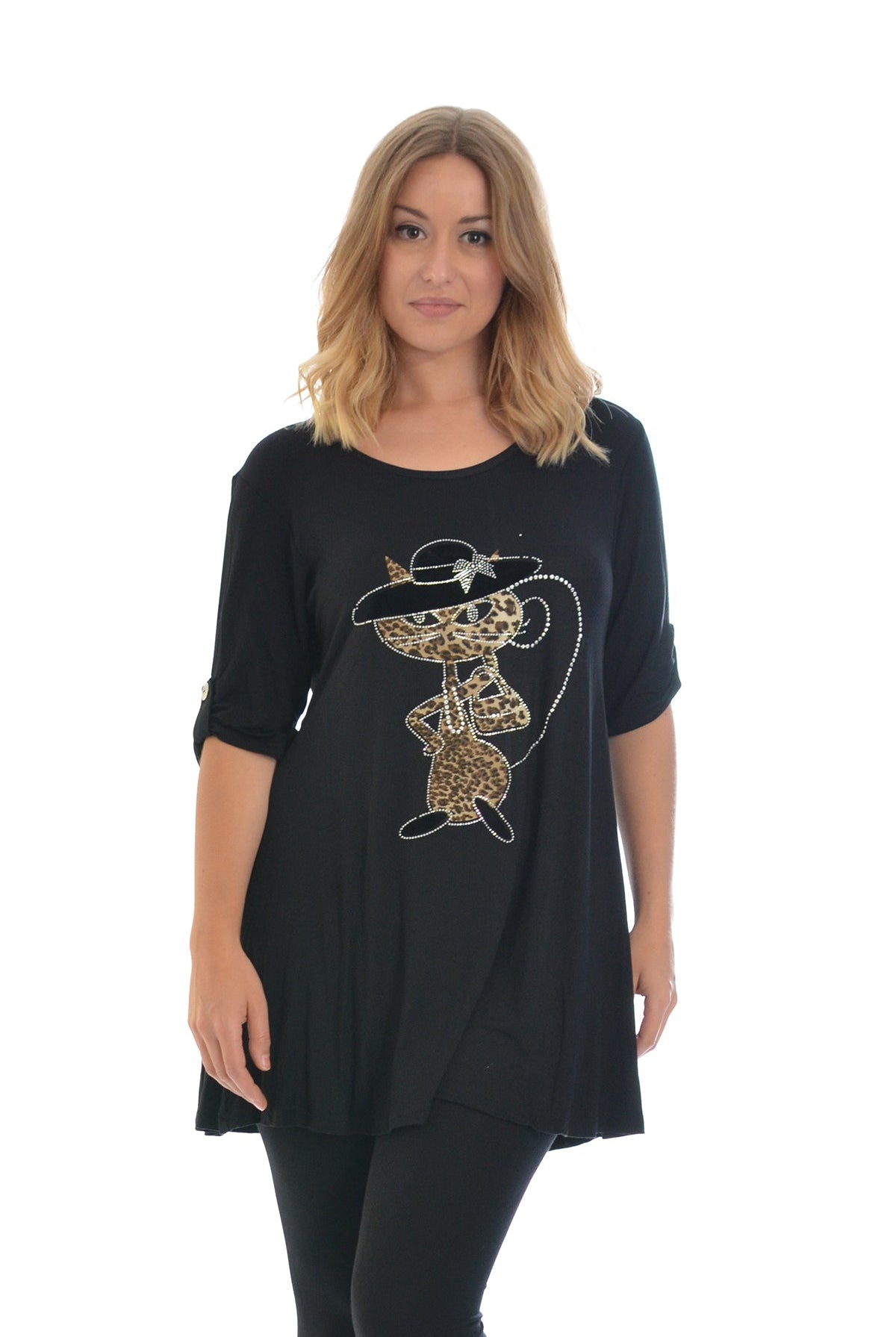 Cat Animal Print Short Sleeve Top Tops WearAll Black 14