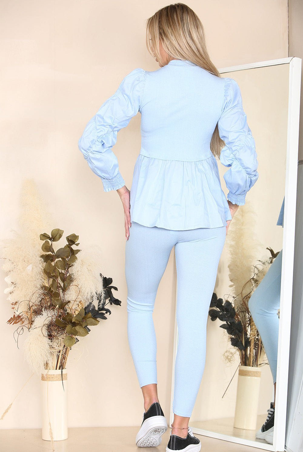 Long Ruched Sleeves Ribbed Peplum Diamond Buttons Frilled Hem Lounge Wear Co-Ord Set Loungewear WearAll