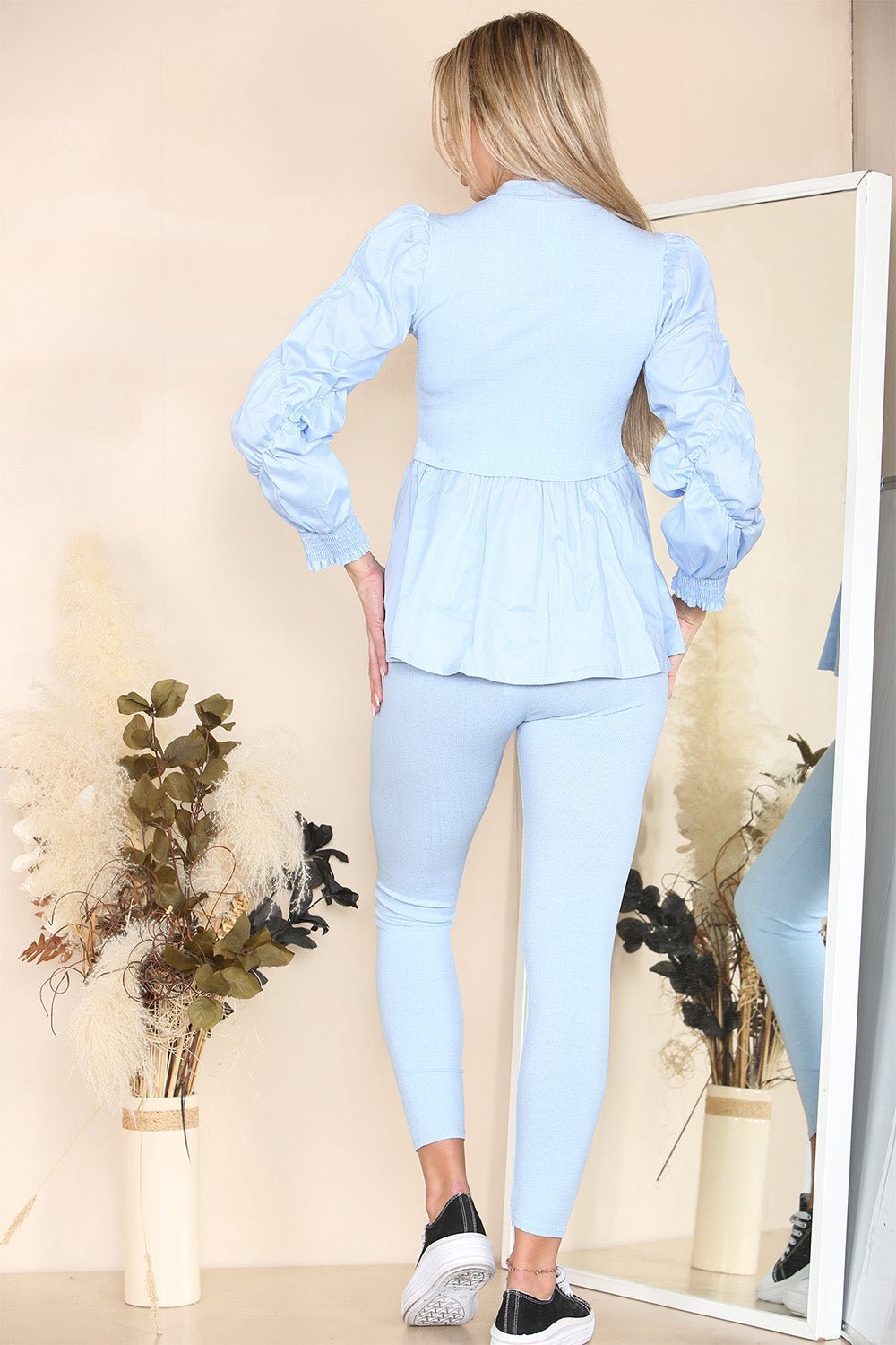 Long Ruched Sleeves Ribbed Peplum Diamond Buttons Frilled Hem Lounge Wear Co-Ord Set Loungewear WearAll