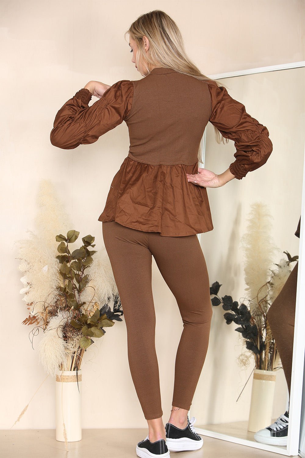 Long Ruched Sleeves Ribbed Peplum Diamond Buttons Frilled Hem Lounge Wear Co-Ord Set Loungewear WearAll