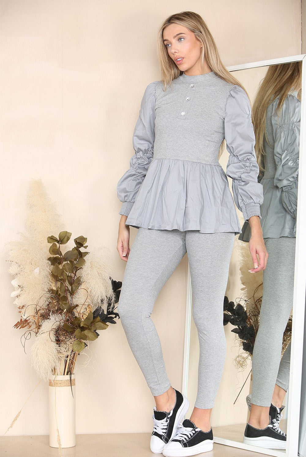 Long Ruched Sleeves Ribbed Peplum Diamond Buttons Frilled Hem Lounge Wear Co-Ord Set Loungewear WearAll