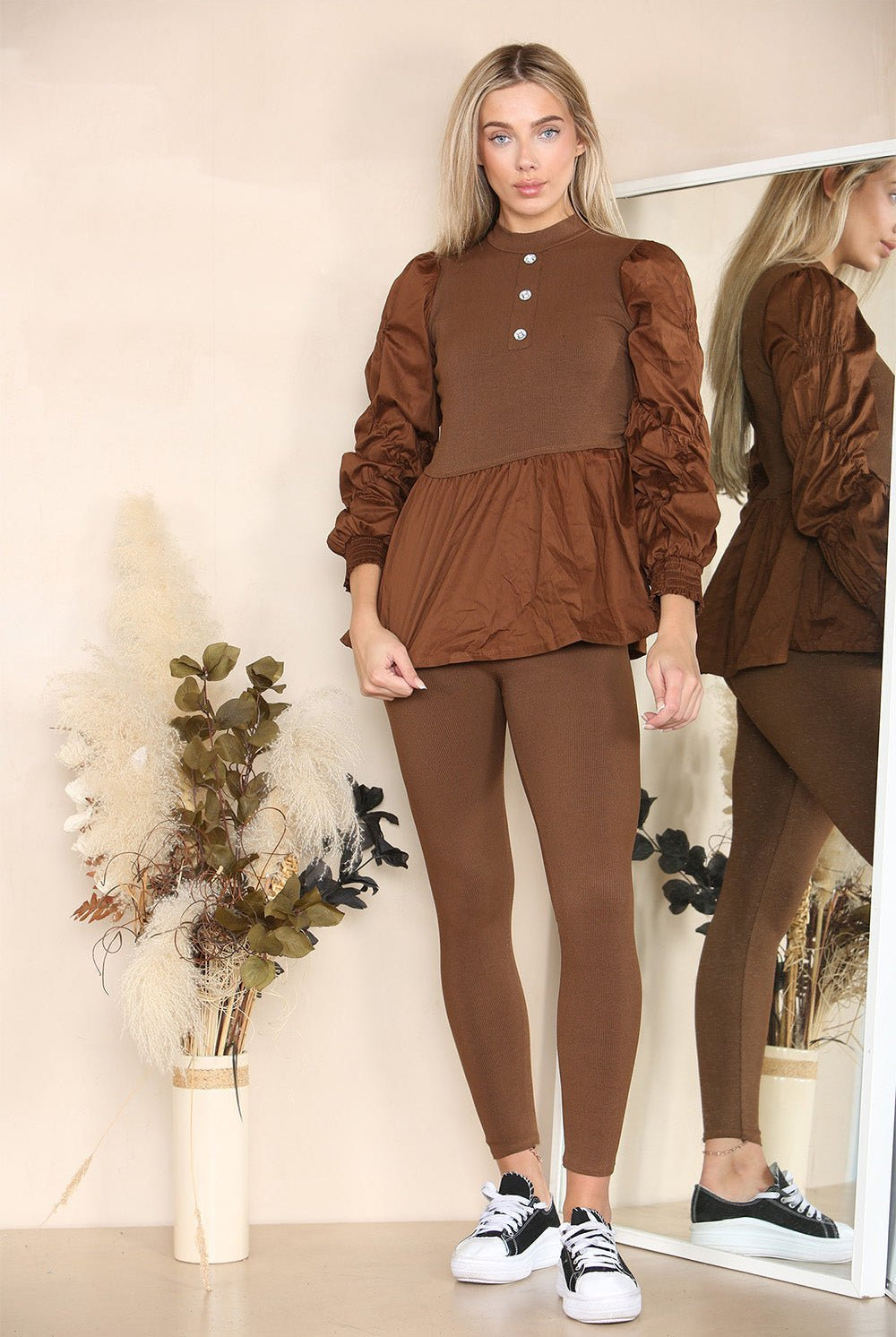 Long Ruched Sleeves Ribbed Peplum Diamond Buttons Frilled Hem Lounge Wear Co-Ord Set Loungewear WearAll Chocolate 6-8