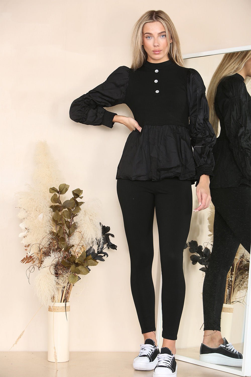 Long Ruched Sleeves Ribbed Peplum Diamond Buttons Frilled Hem Lounge Wear Co-Ord Set Loungewear WearAll Black 6-8