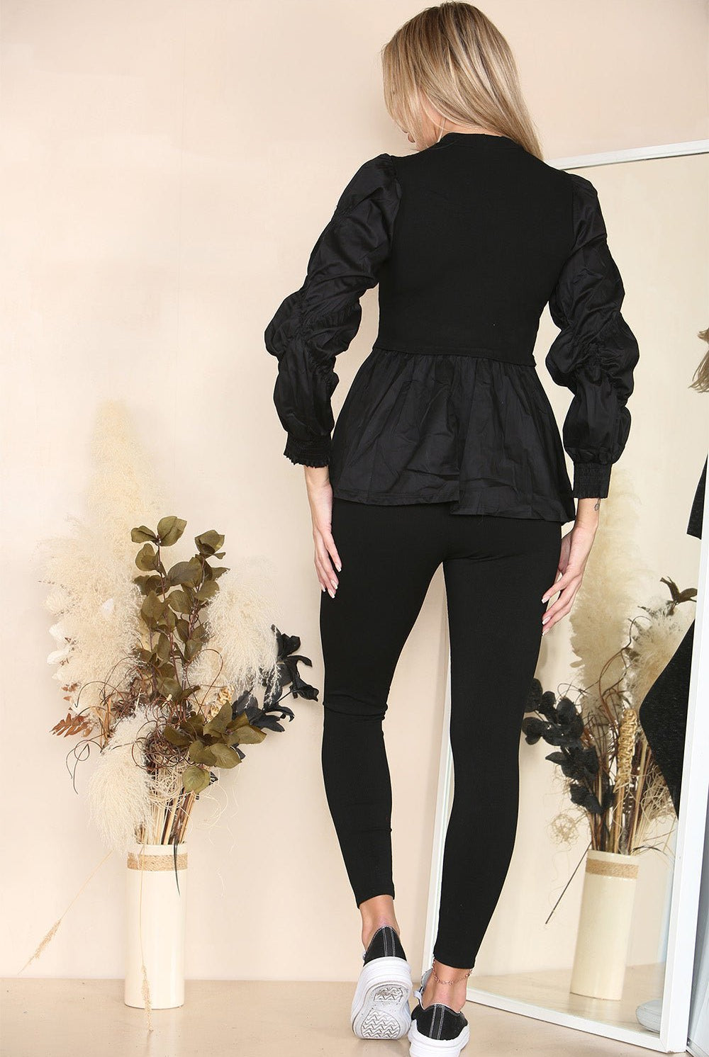 Long Ruched Sleeves Ribbed Peplum Diamond Buttons Frilled Hem Lounge Wear Co-Ord Set Loungewear WearAll