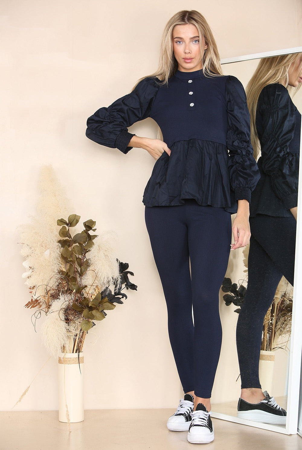 Long Ruched Sleeves Ribbed Peplum Diamond Buttons Frilled Hem Lounge Wear Co-Ord Set Loungewear WearAll Navy 6-8