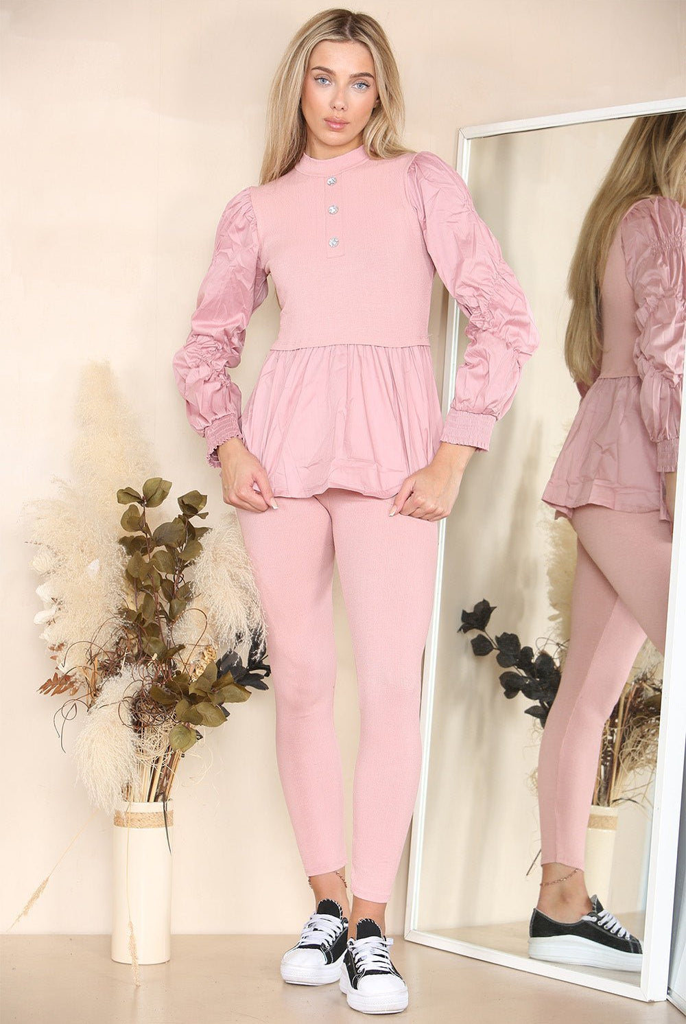 Long Ruched Sleeves Ribbed Peplum Diamond Buttons Frilled Hem Lounge Wear Co-Ord Set Loungewear WearAll Dusty Pink 6-8