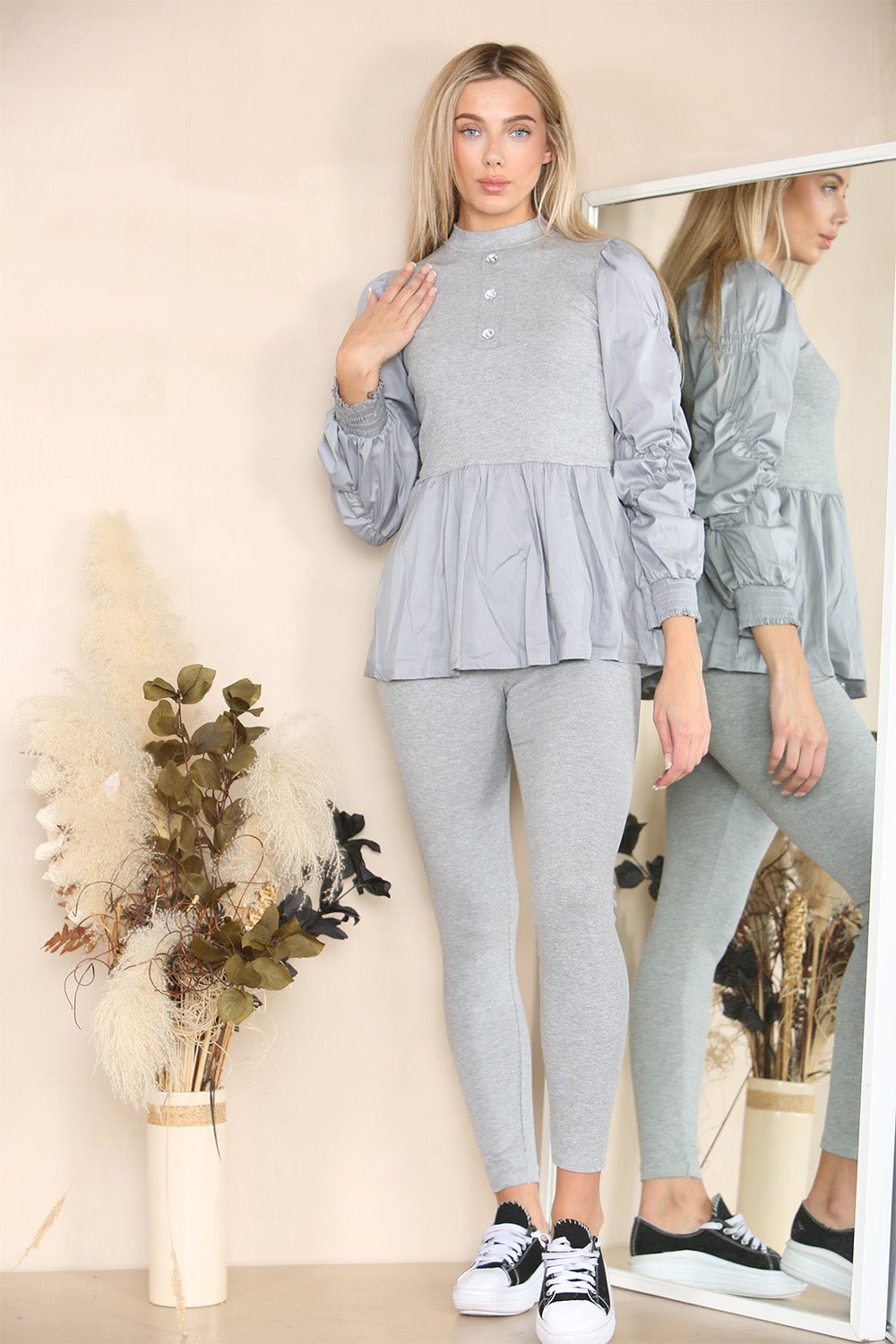 Long Ruched Sleeves Ribbed Peplum Diamond Buttons Frilled Hem Lounge Wear Co-Ord Set Loungewear WearAll Grey 6-8