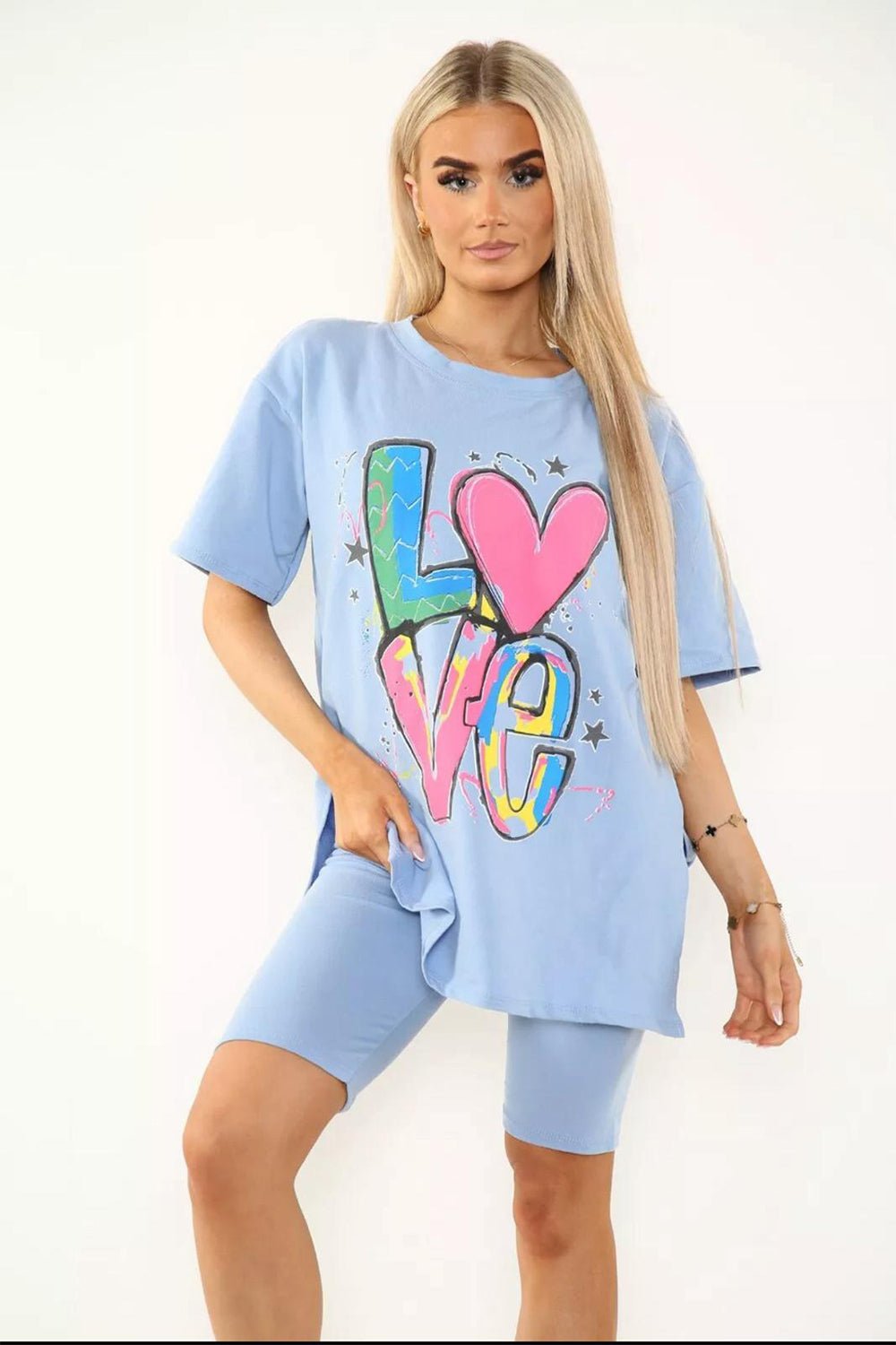Love Side Slit Cycling Short and T-Shirts Co-Ord Two Piece Set with Front Love Slogan Co-Ord WearAll Sky Blue One Size UK Fit (Upto 14)
