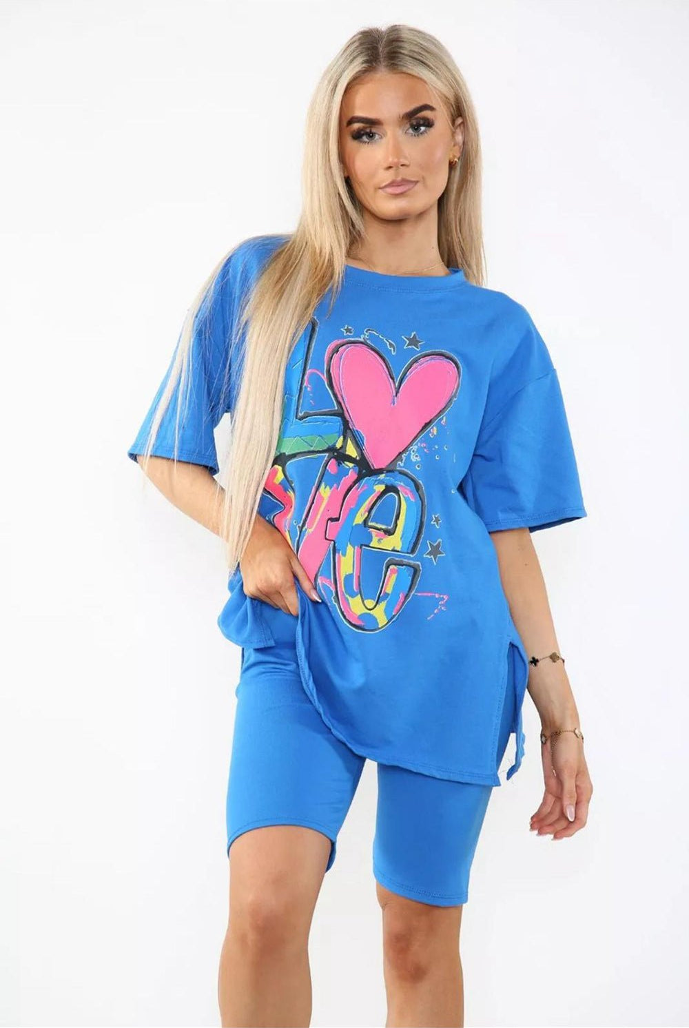 Love Side Slit Cycling Short and T-Shirts Co-Ord Two Piece Set with Front Love Slogan Co-Ord WearAll Royal Blue One Size UK Fit (Upto 14)