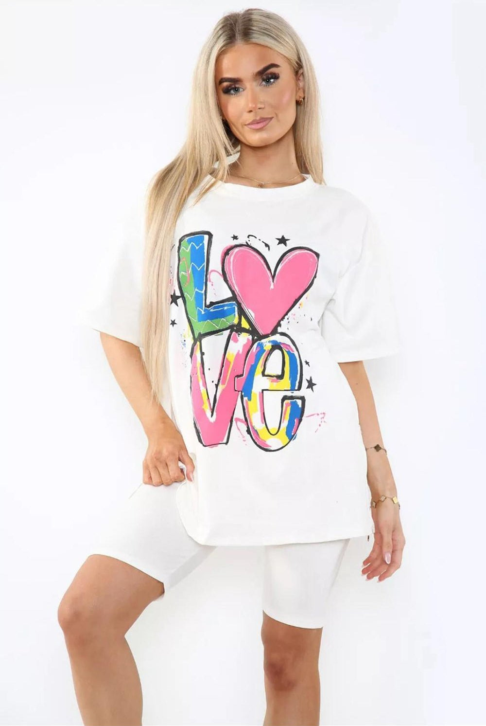 Love Side Slit Cycling Short and T-Shirts Co-Ord Two Piece Set with Front Love Slogan Co-Ord WearAll White / Cream One Size UK Fit (Upto 14)