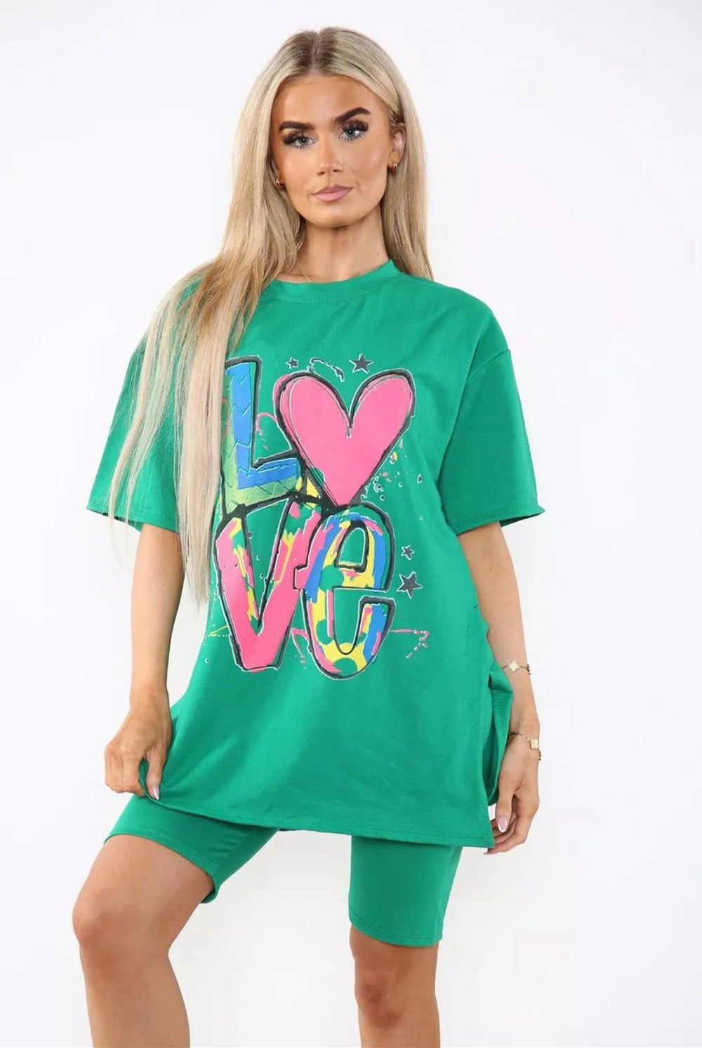 Love Side Slit Cycling Short and T-Shirts Co-Ord Two Piece Set with Front Love Slogan Co-Ord WearAll Jade Green One Size UK Fit (Upto 14)