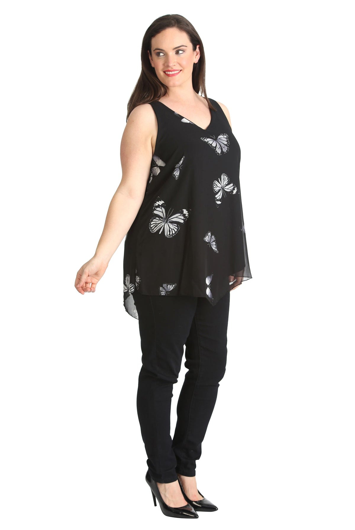 Chiffon Butterfly Print Lined Vest Top Tops WearAll
