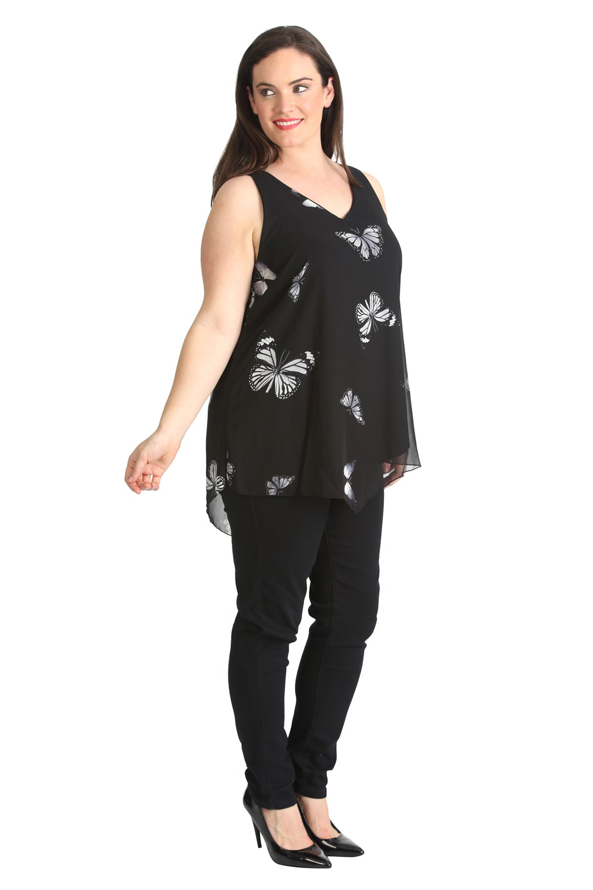 Chiffon Butterfly Print Lined Vest Top Tops WearAll