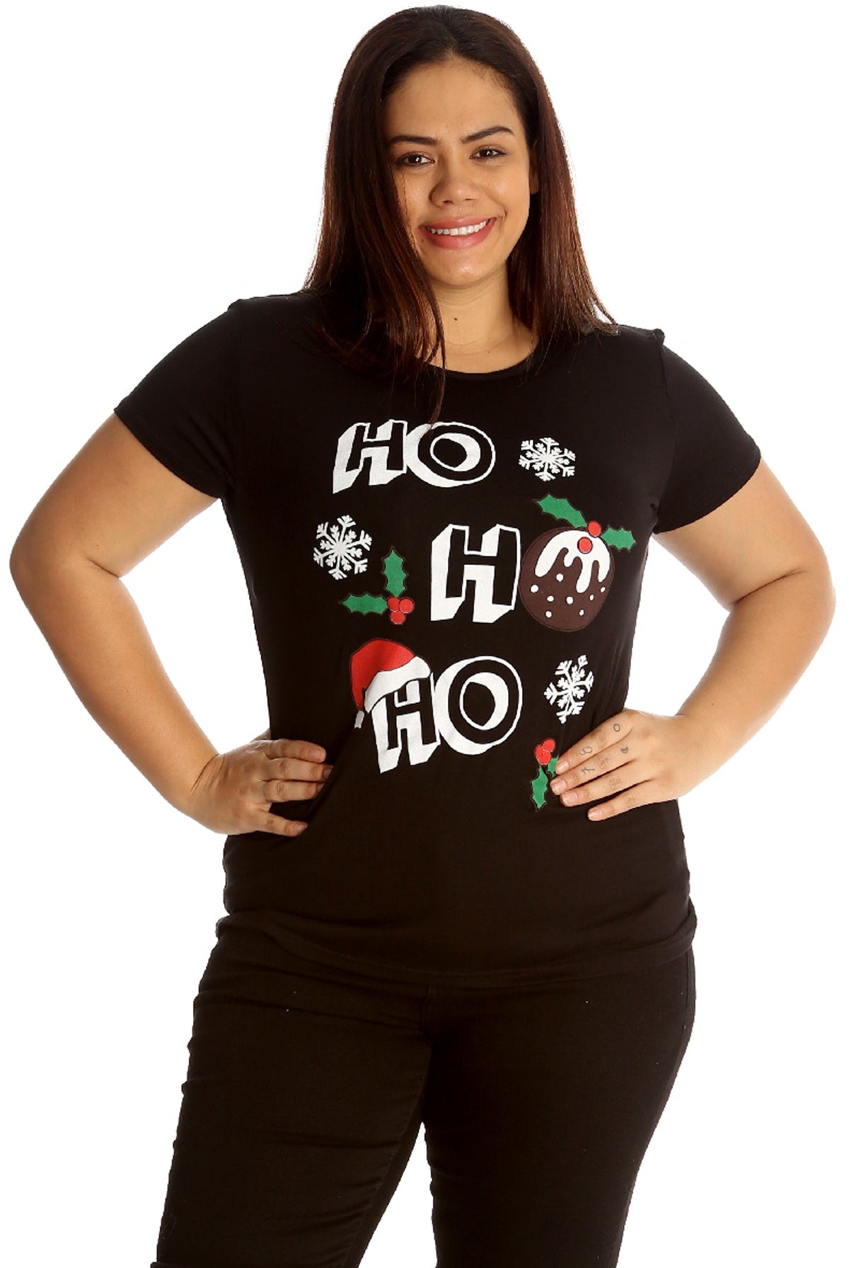 Holly Snowflake Christmas Short Sleeve Top Tops WearAll Black 14