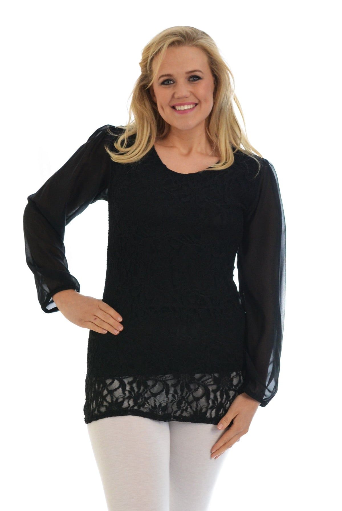 Lace Lined Sheer Sleeve Chiffon Tunic Top Tops WearAll