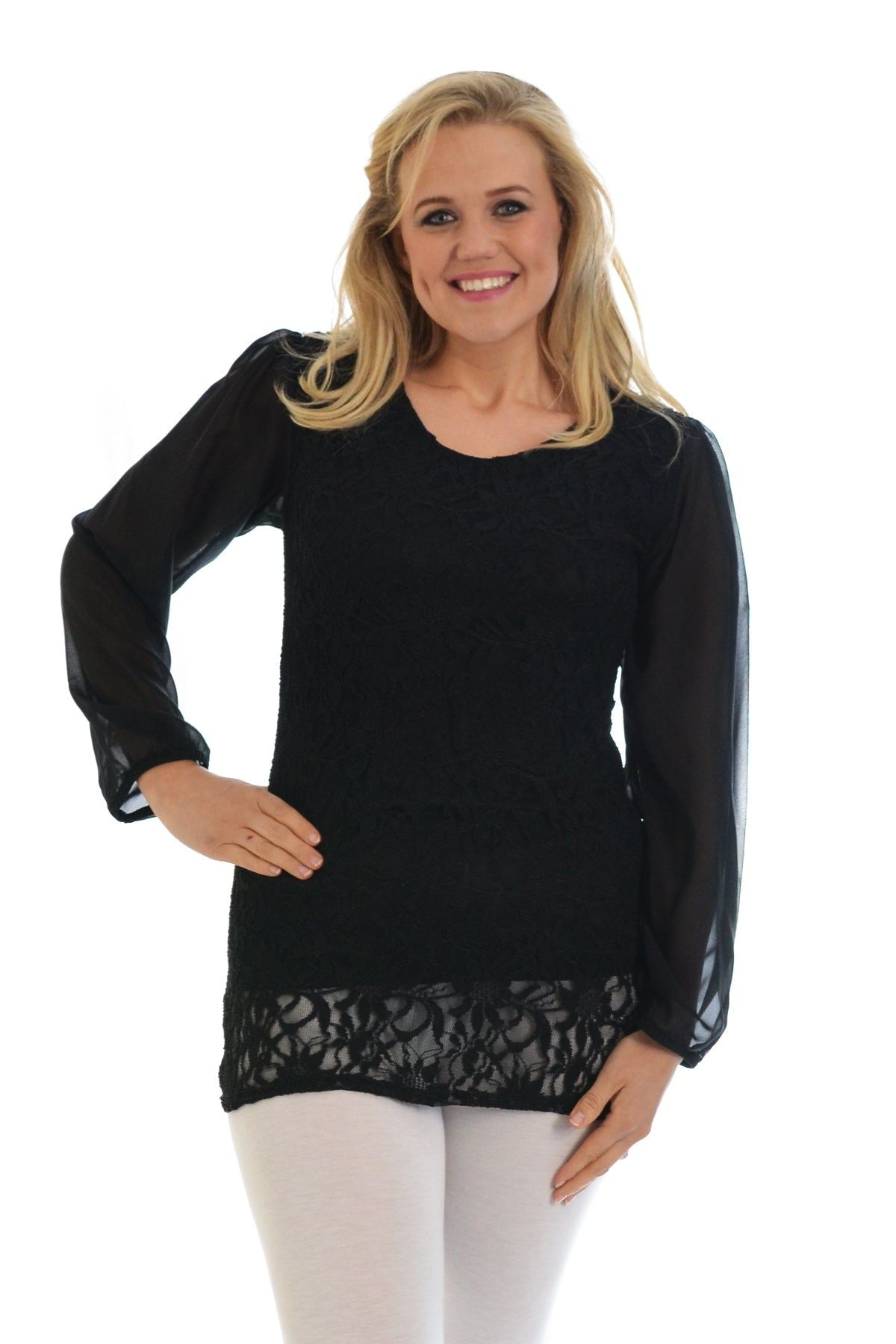 Lace Lined Sheer Sleeve Chiffon Tunic Top Tops WearAll