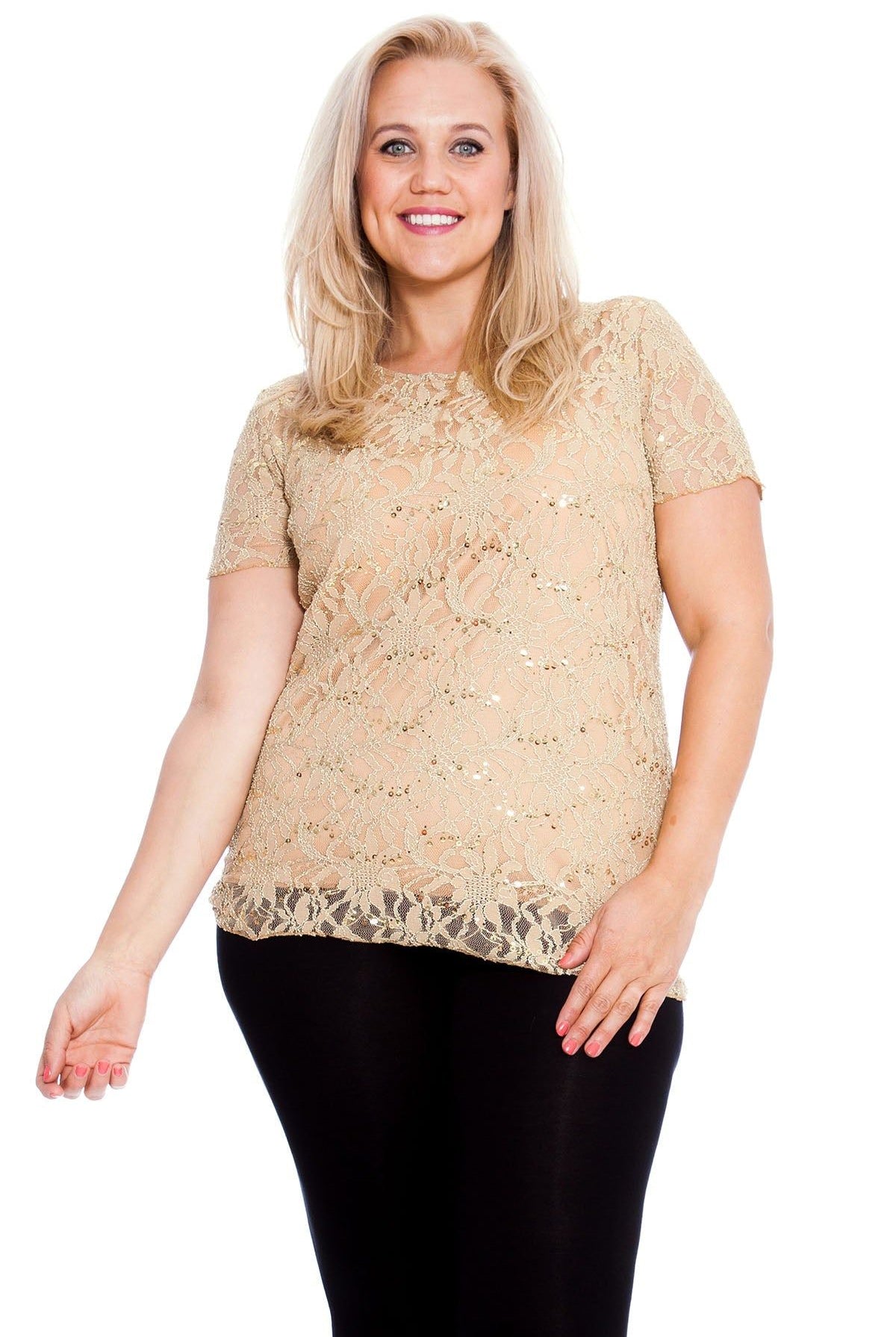Plus Size Lace Sequin Lined Top Tops WearAll Mocha 16-18