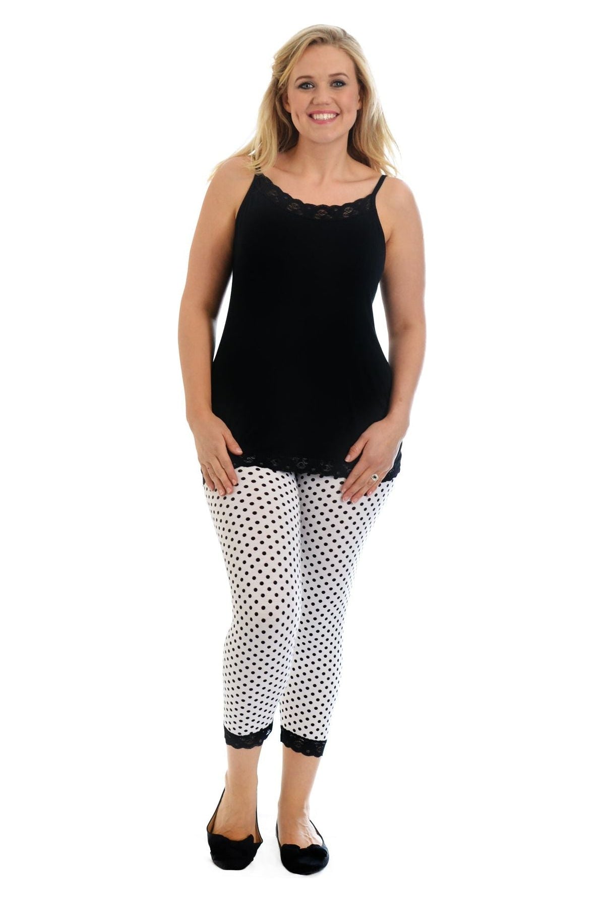Plus Size Cropped Polka Dot Lace Trim Leggings Leggings WearAll