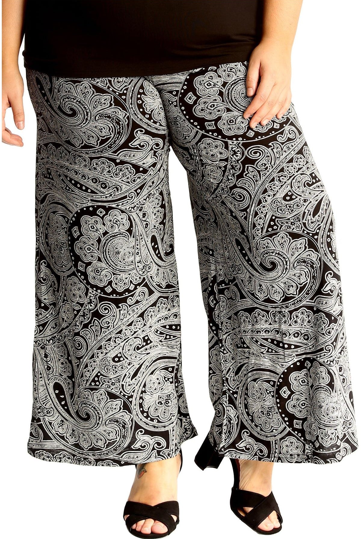 Plus Size Big Paisley Print Palazzo Trouser Palazzo WearAll Black 16-18