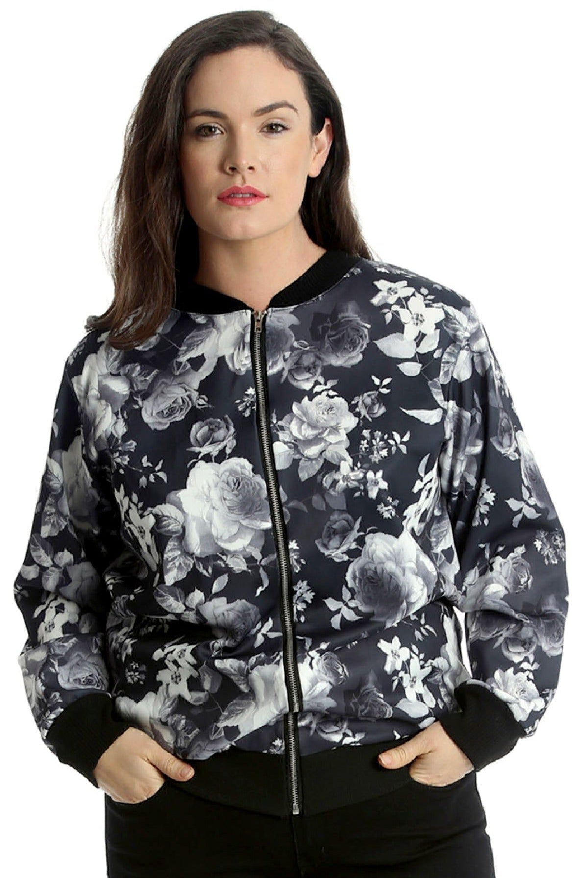 Rose Print Floral Bomber Jacket Top Jacket WearAll Black 14
