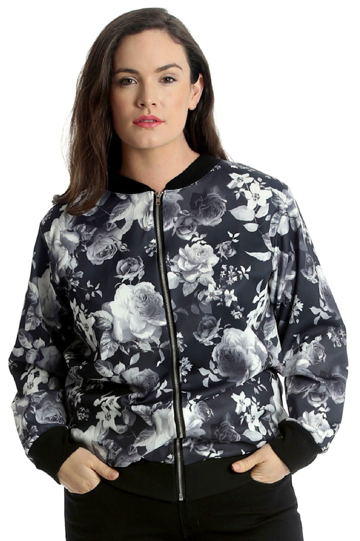 Rose Print Floral Bomber Jacket Top Jacket WearAll Black 14