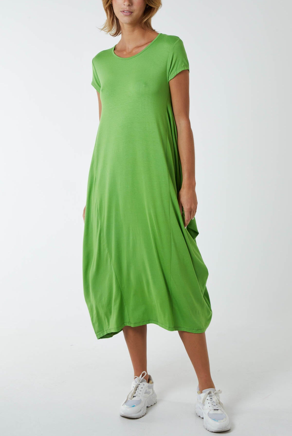 Cap Sleeve Plain Parachute Dress DMF2 WearAll Green One Size