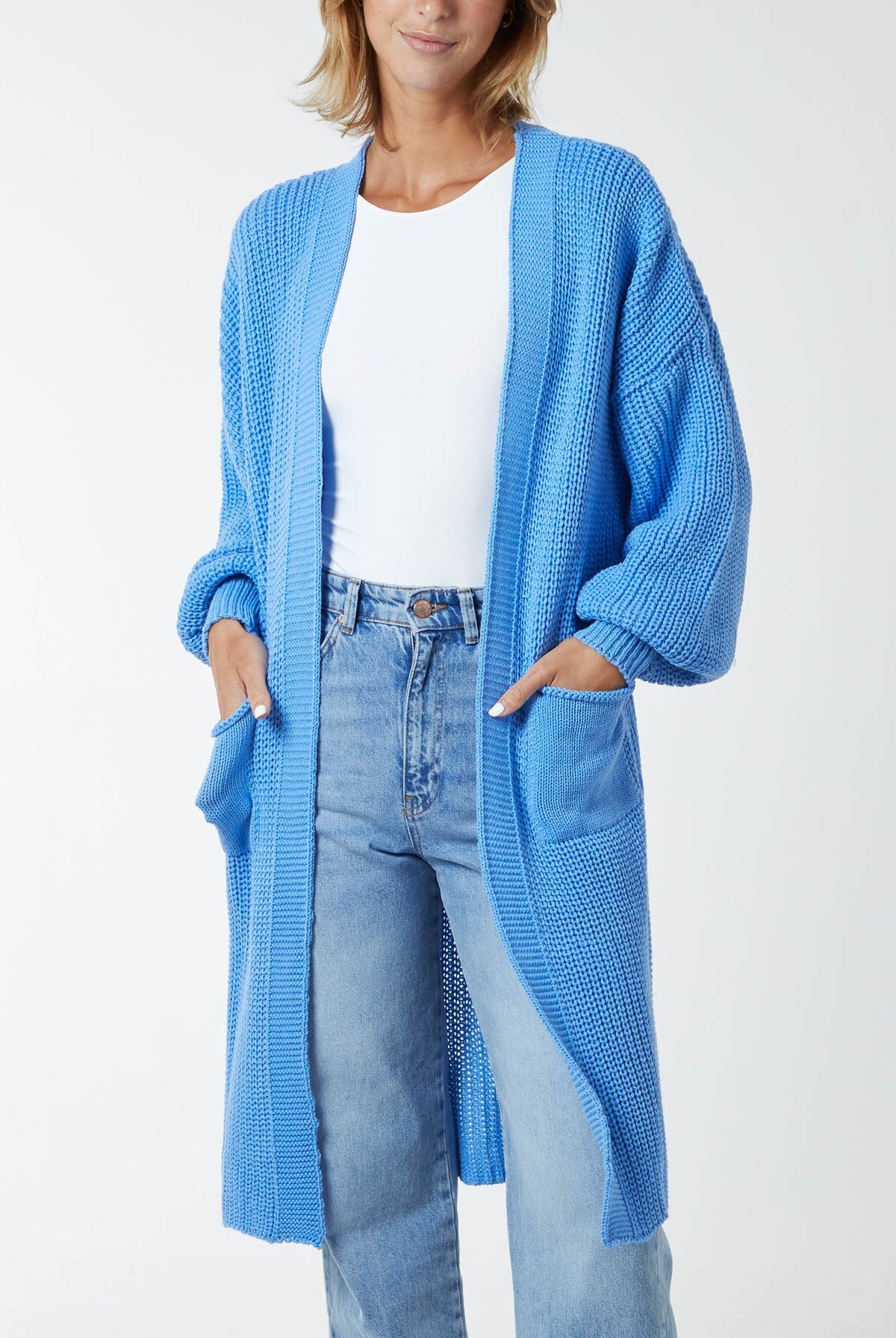 Edge To Edge Knitted Long Cardigan CMF1 WearAll Light Blue One Size