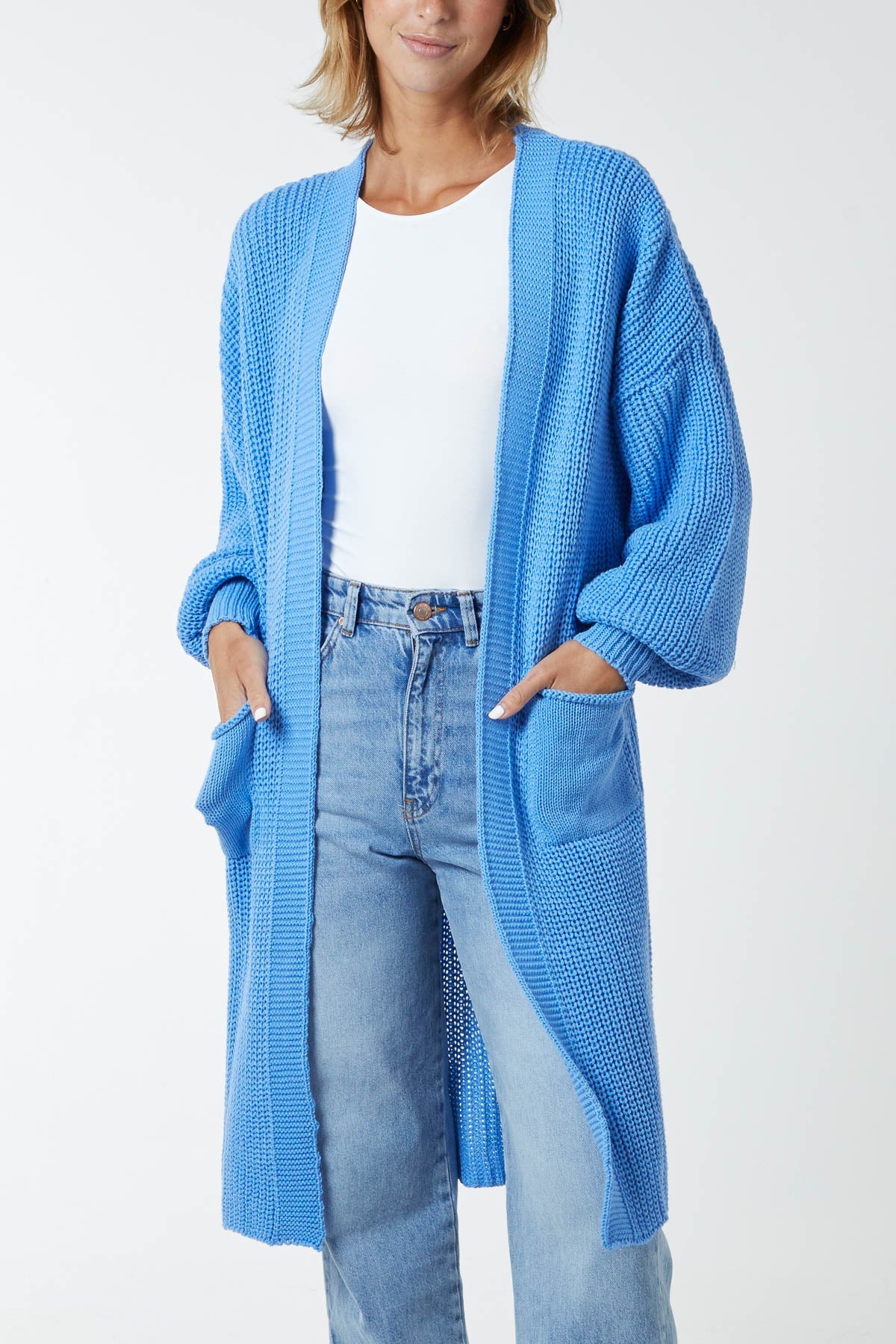 Edge To Edge Knitted Long Cardigan CMF1 WearAll Light Blue One Size