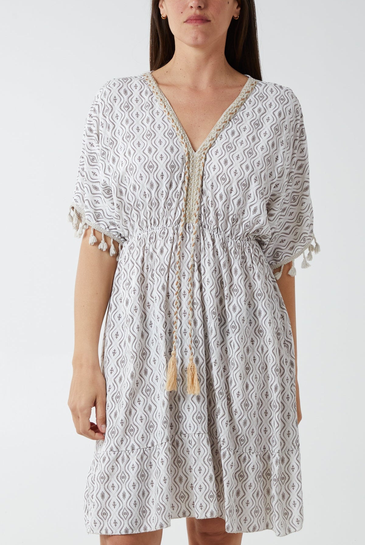 Geometric Tassel Trim Dress DMF2 WearAll Stone One Size