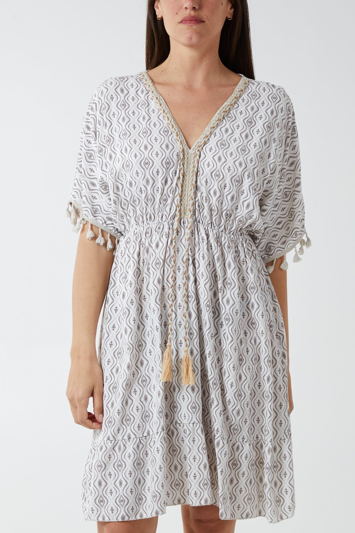 Geometric Tassel Trim Dress DMF2 WearAll Stone One Size