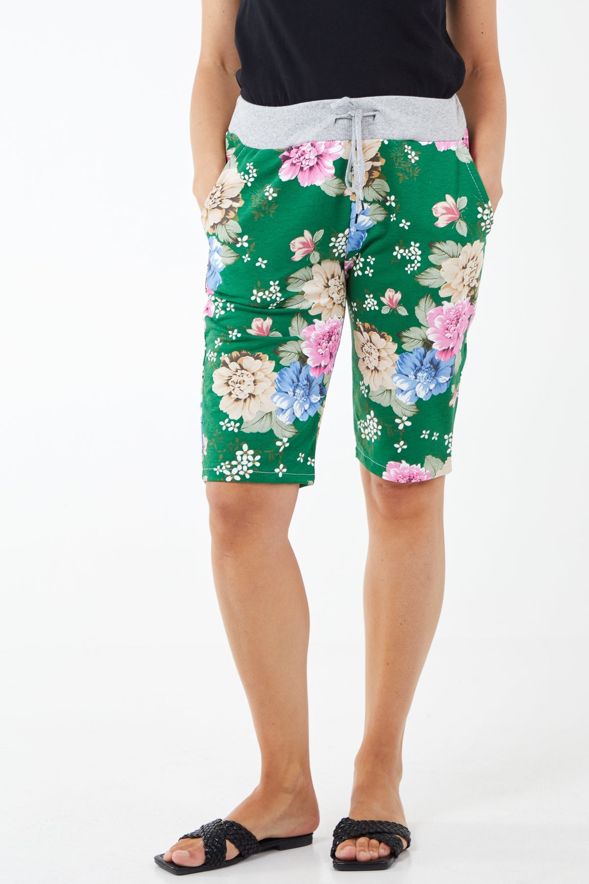Drawstring Waist Floral Shorts Shorts WearAll Jade Green 8