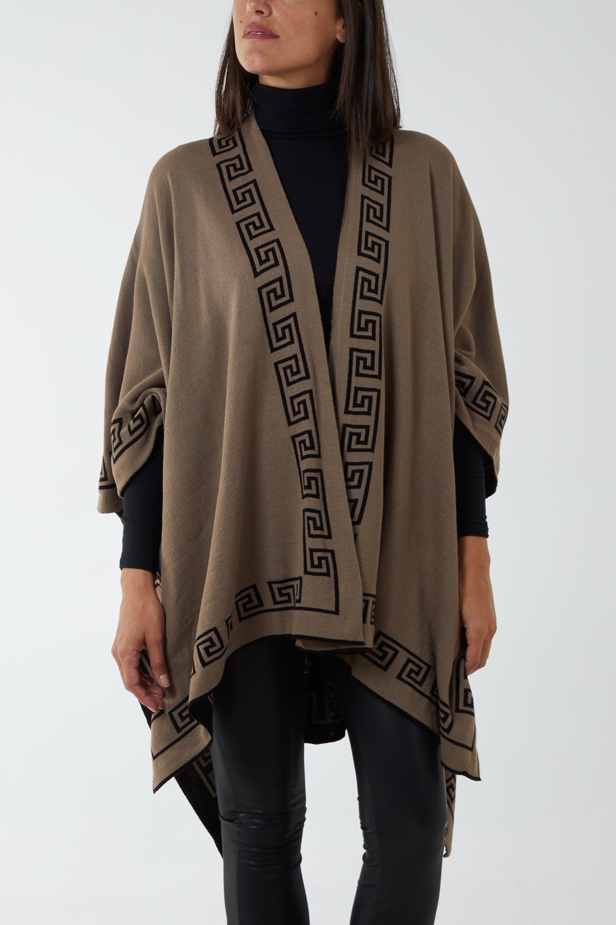 Reversible Geometric Trim Fine Knitted Cape PC1 WearAll Black/Mocha One Size