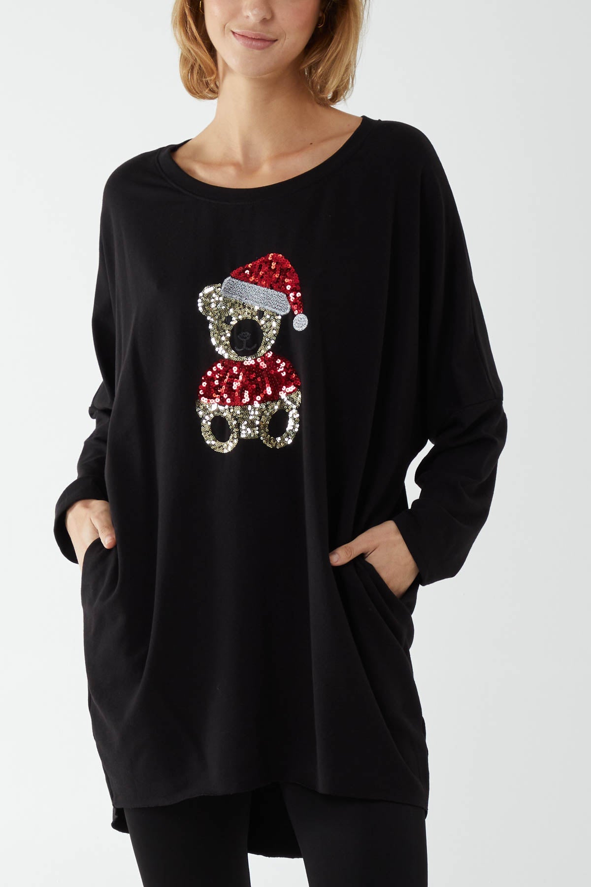 Sequin Teddy Bear Christmas Sweatshirt Jumper SWS1 WearAll Black One Size