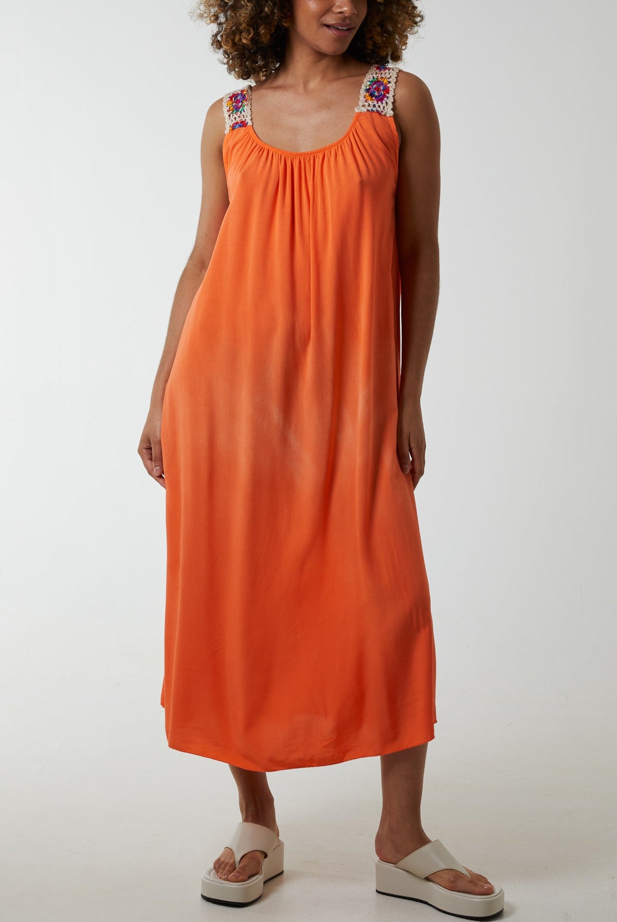 Crochet Sleeve Scoop Neck Midi Dress Dresses WearAll Orange One Size