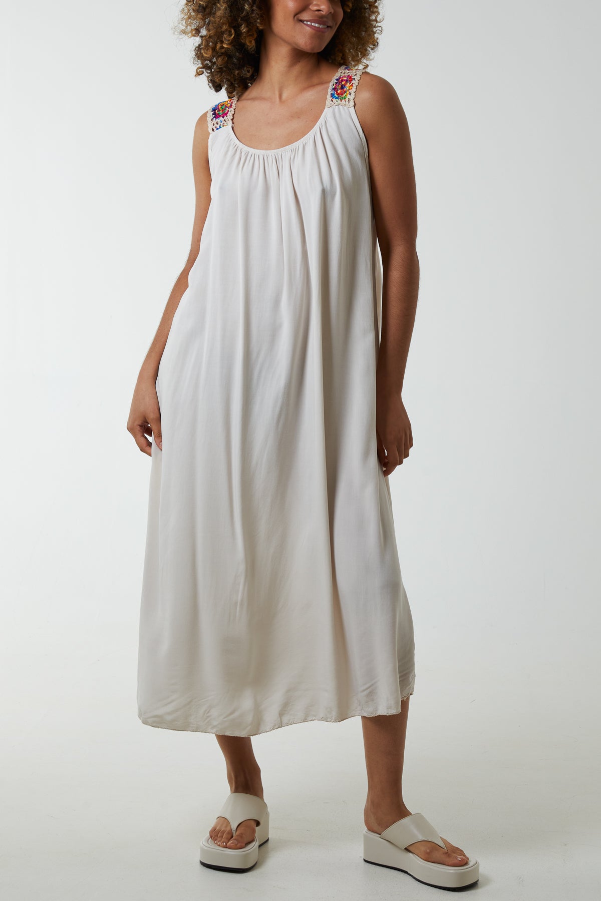 Crochet Sleeve Scoop Neck Midi Dress Dresses WearAll Stone One Size