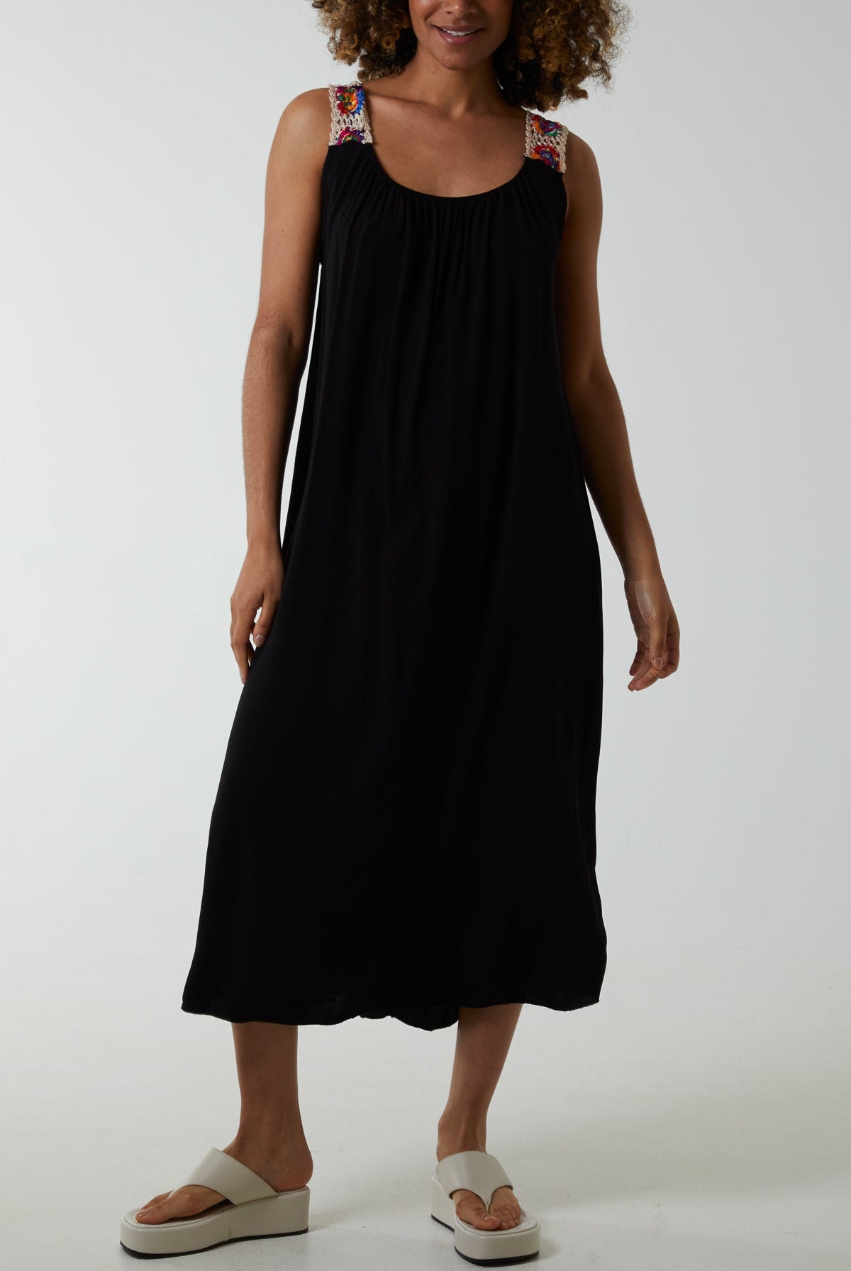 Crochet Sleeve Scoop Neck Midi Dress Dresses WearAll Black One Size