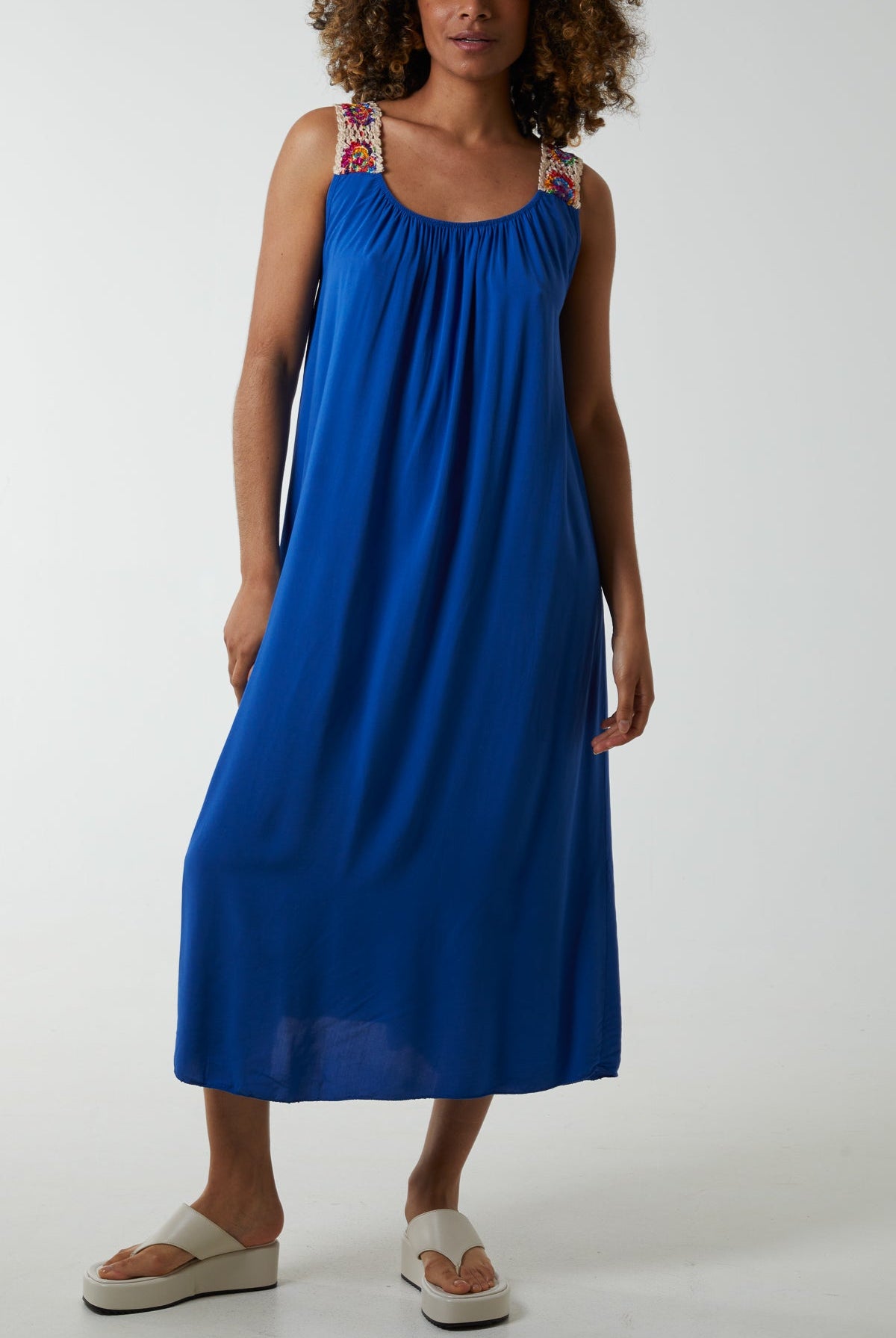 Crochet Sleeve Scoop Neck Midi Dress Dresses WearAll Royal Blue One Size