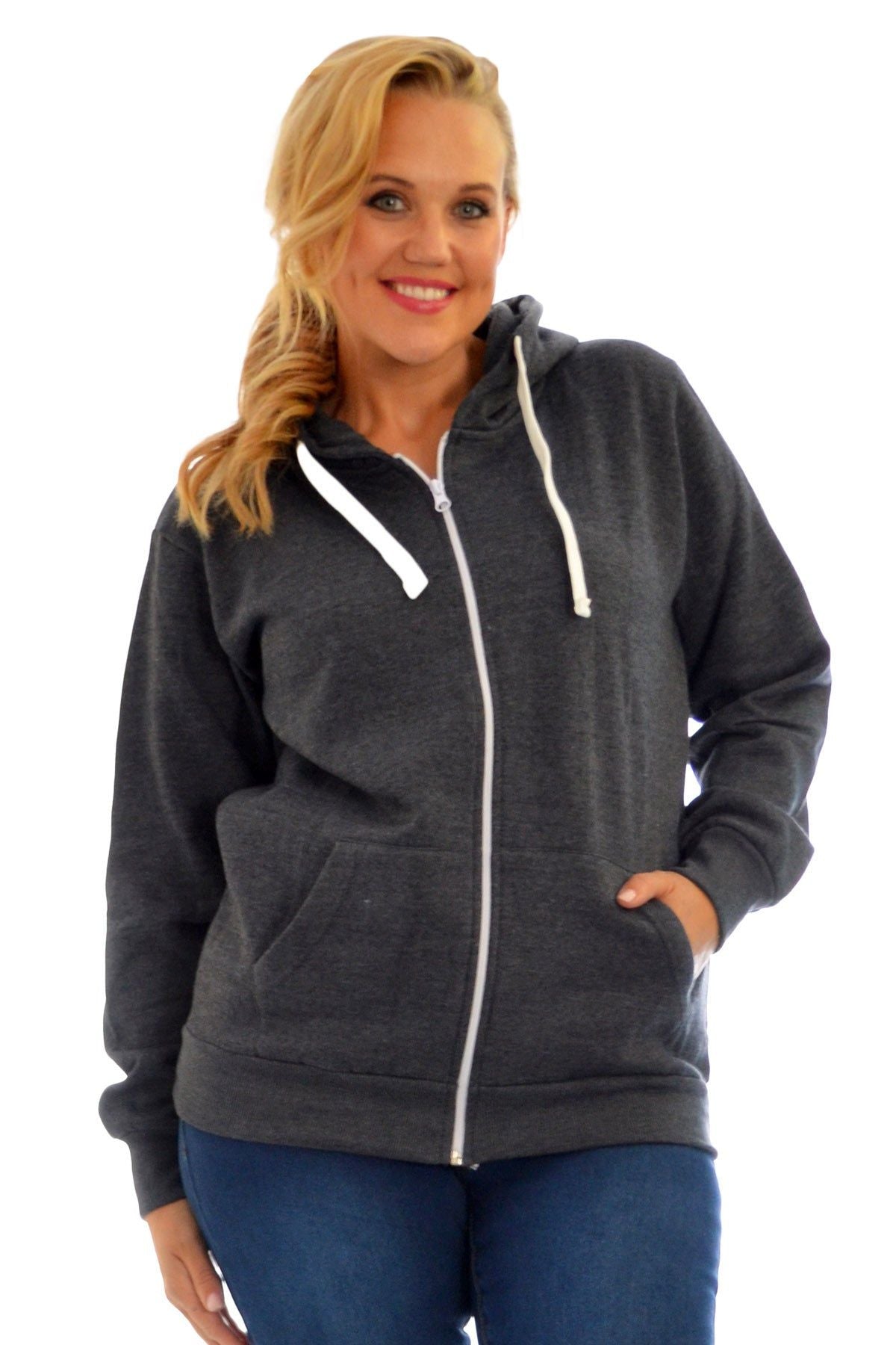Plus Size Pocket Plain Zip Hoodie Tops WearAll Dark Grey 14