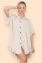 OverSized Italian Gold Button Pleated Frill Ruffle Dress Top Dress WearAll Beige One Size Fit (8-18)