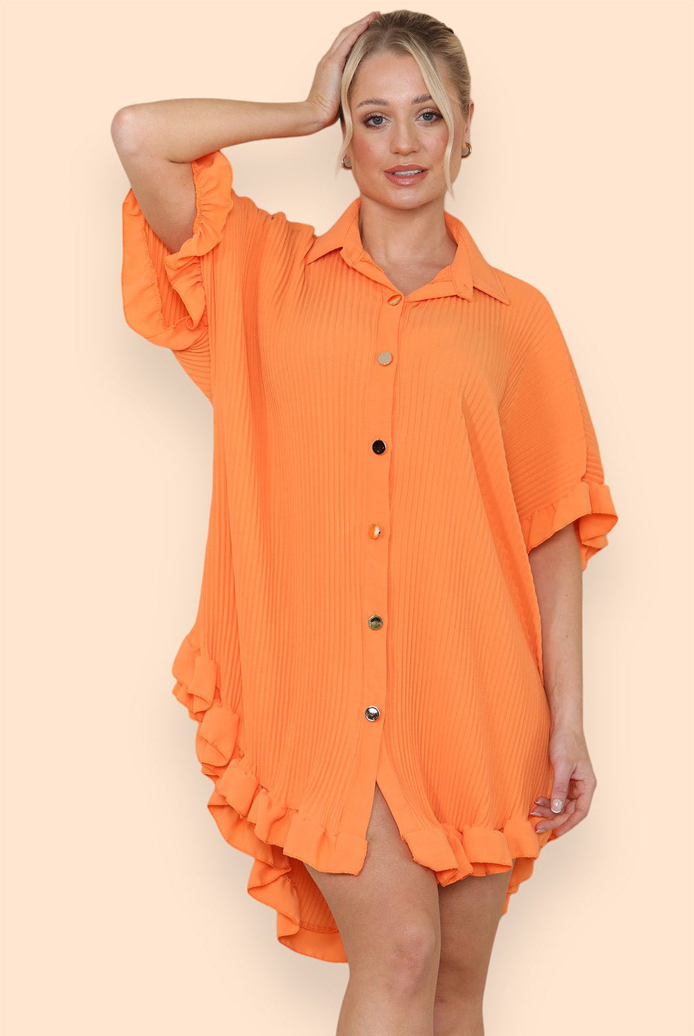 OverSized Italian Gold Button Pleated Frill Ruffle Dress Top Dress WearAll Orange One Size Fit (8-18)