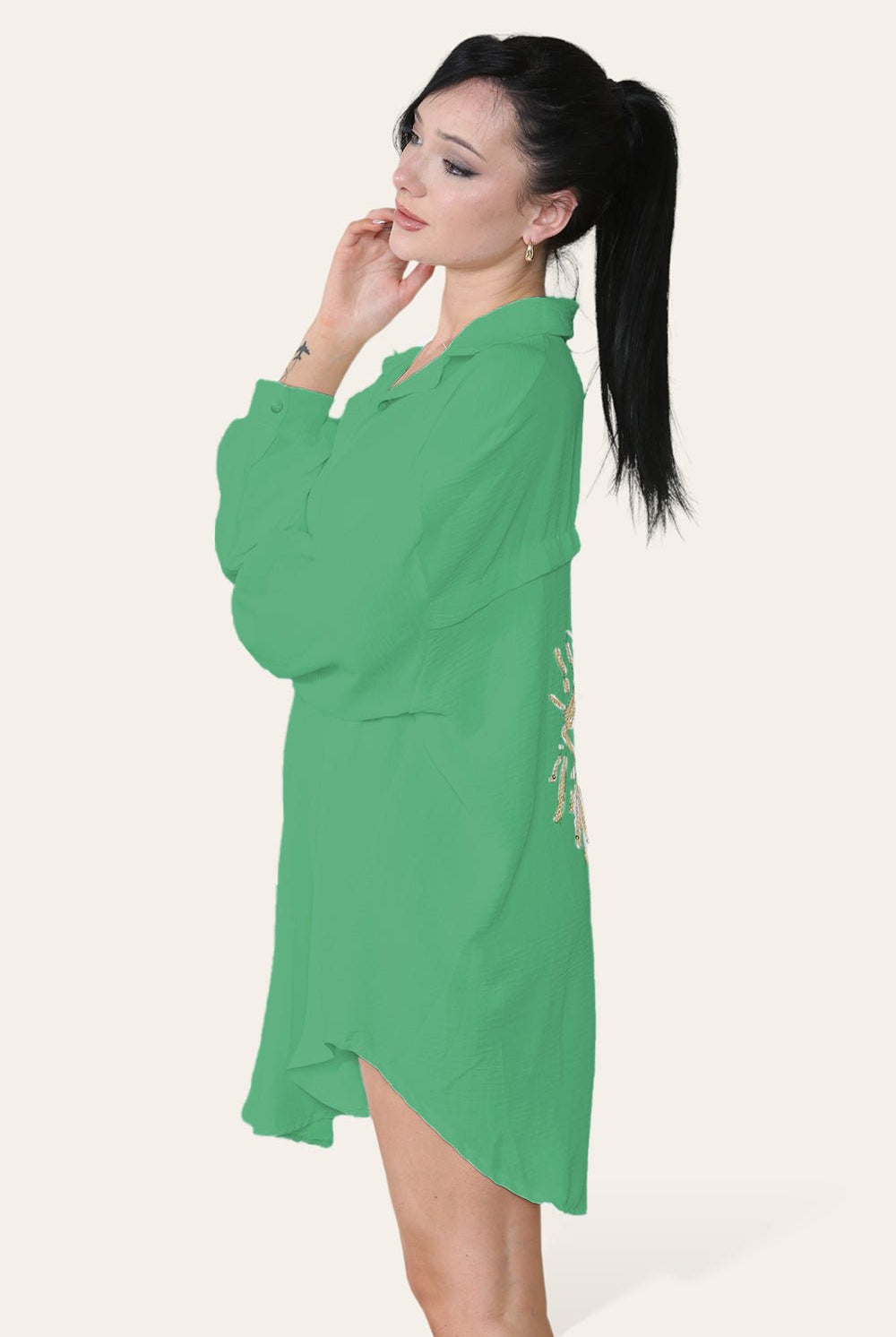 Oversized Long Sleeve Gold Sequin Eye Button Up Shirt Top & Bodysuit WearAll Jade Green One Size (8-16)