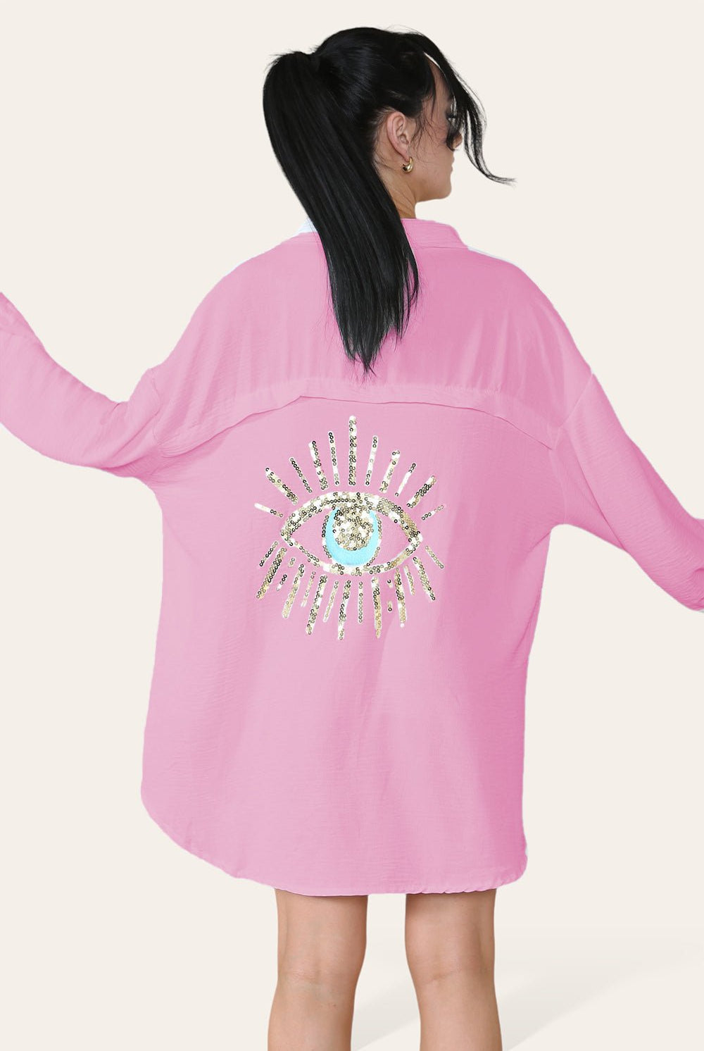 Oversized Long Sleeve Gold Sequin Eye Button Up Shirt Top & Bodysuit WearAll Baby Pink One Size (8-16)