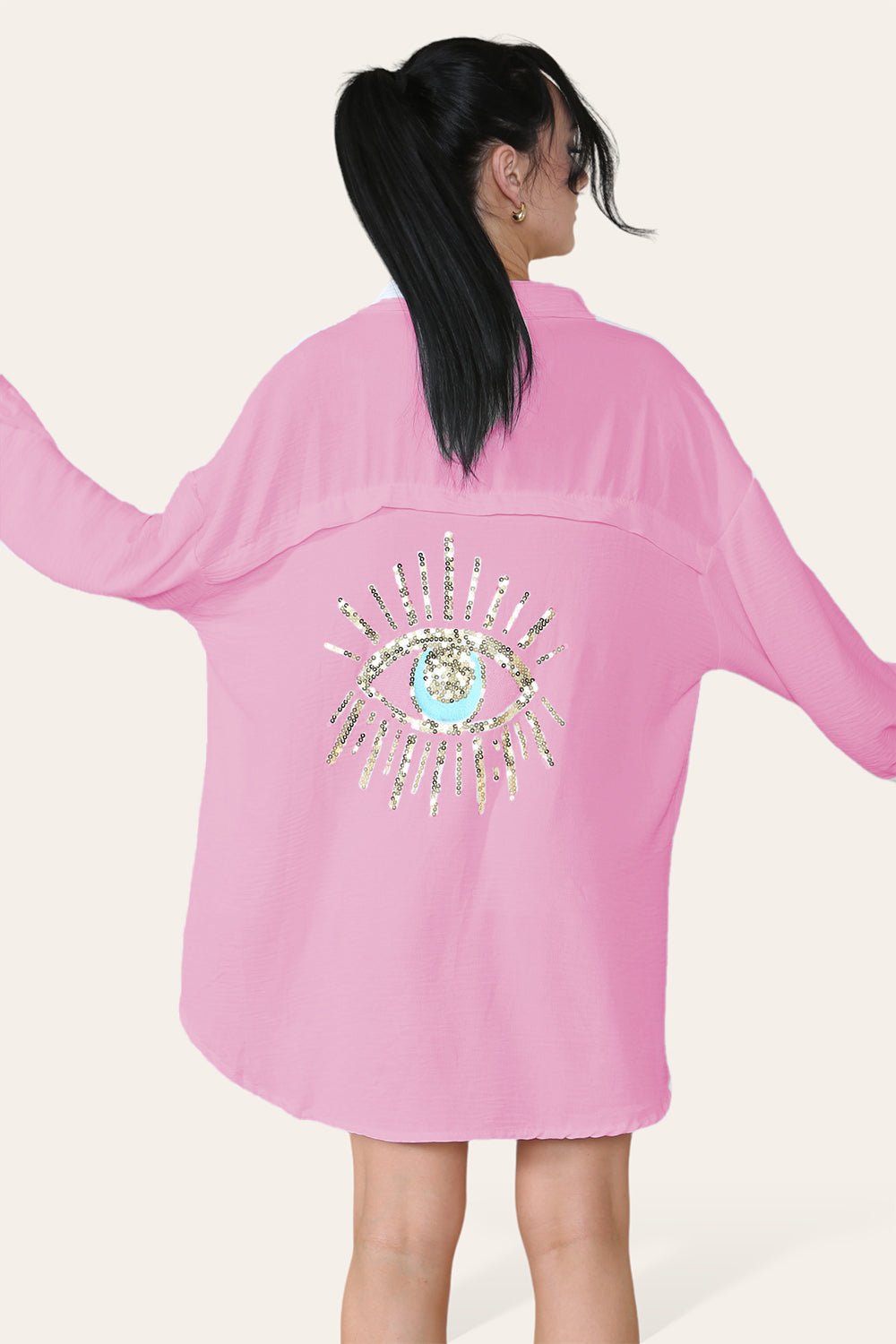 Oversized Long Sleeve Gold Sequin Eye Button Up Shirt Top & Bodysuit WearAll Baby Pink One Size (8-16)