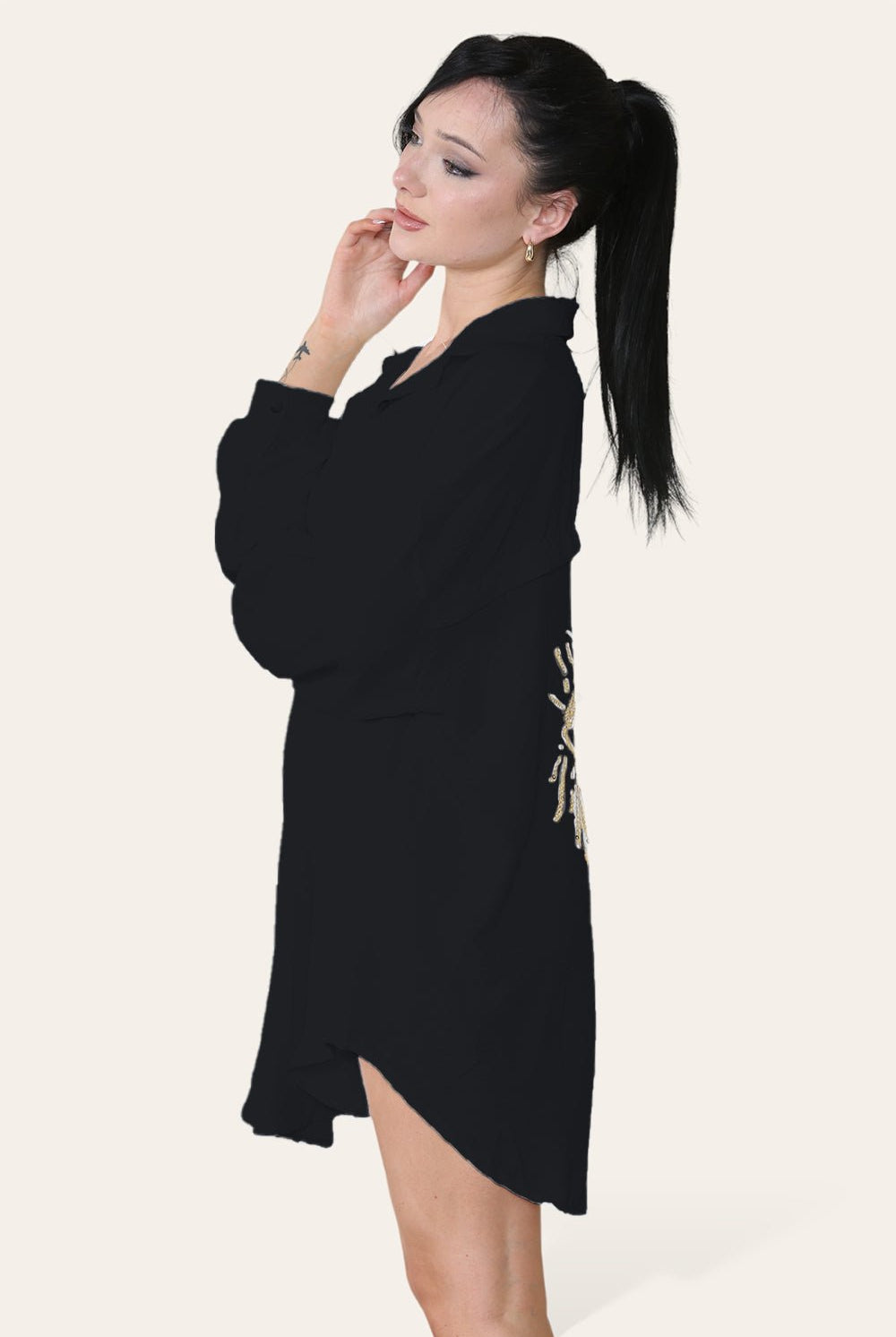 Oversized Long Sleeve Gold Sequin Eye Button Up Shirt Top & Bodysuit WearAll Black One Size (8-16)