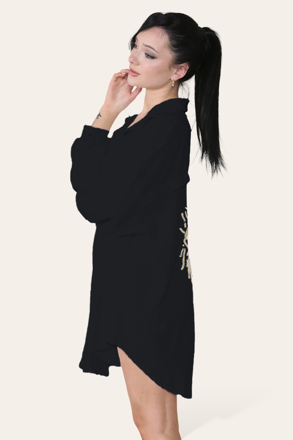 Oversized Long Sleeve Gold Sequin Eye Button Up Shirt Top & Bodysuit WearAll Black One Size (8-16)