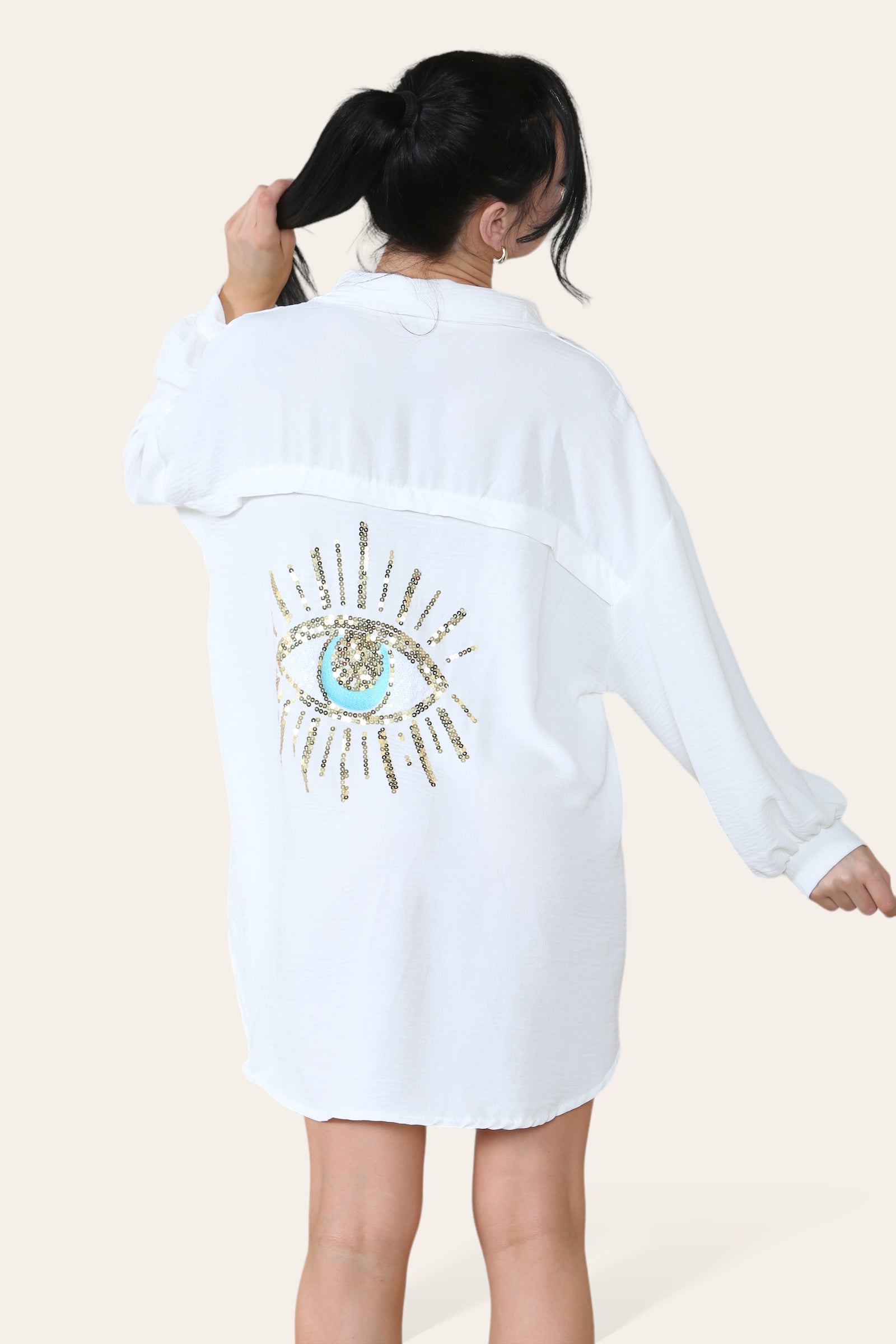 Oversized Long Sleeve Gold Sequin Eye Button Up Shirt Top & Bodysuit WearAll White One Size (8-16)