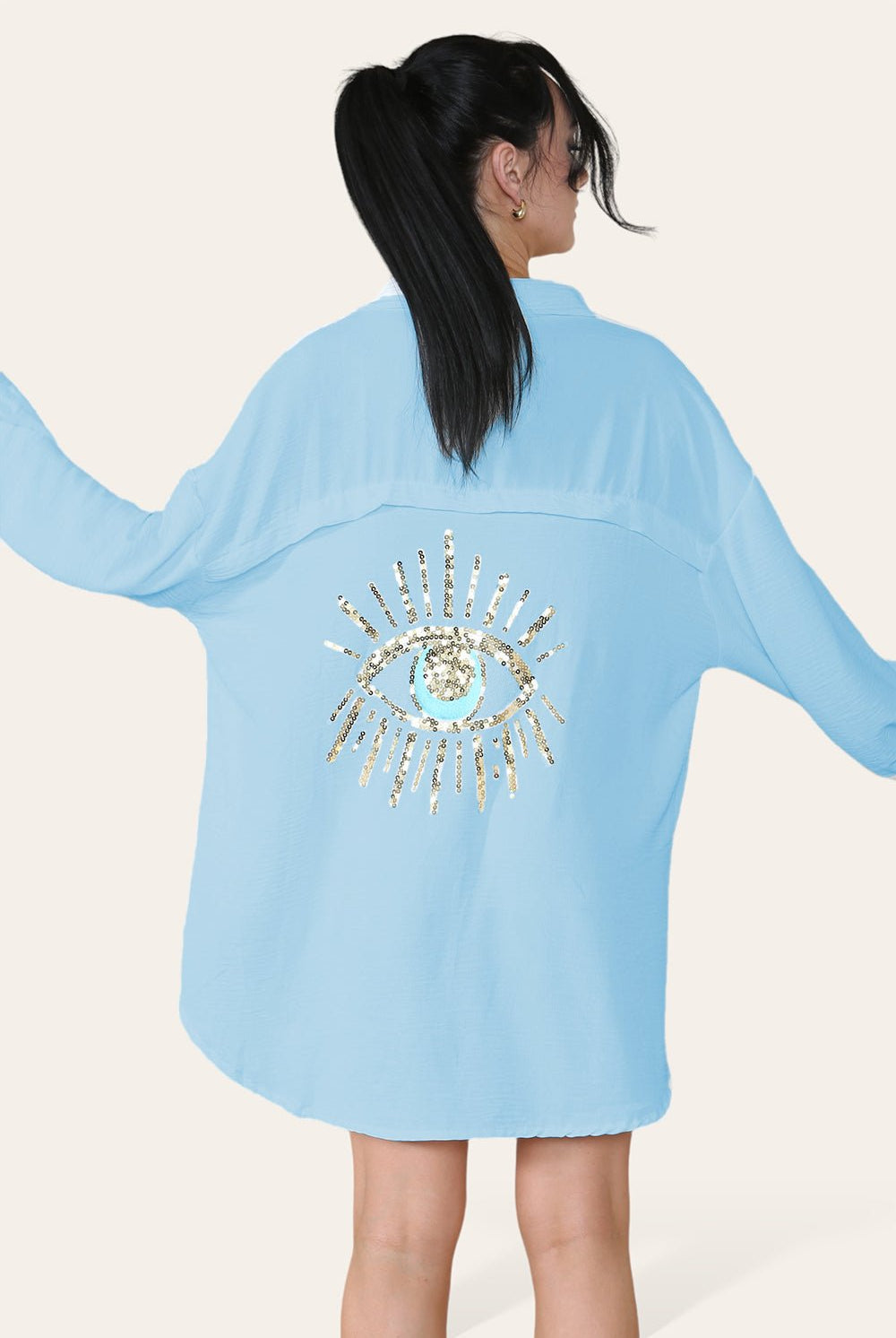 Oversized Long Sleeve Gold Sequin Eye Button Up Shirt Top & Bodysuit WearAll Sky Blue One Size (8-16)