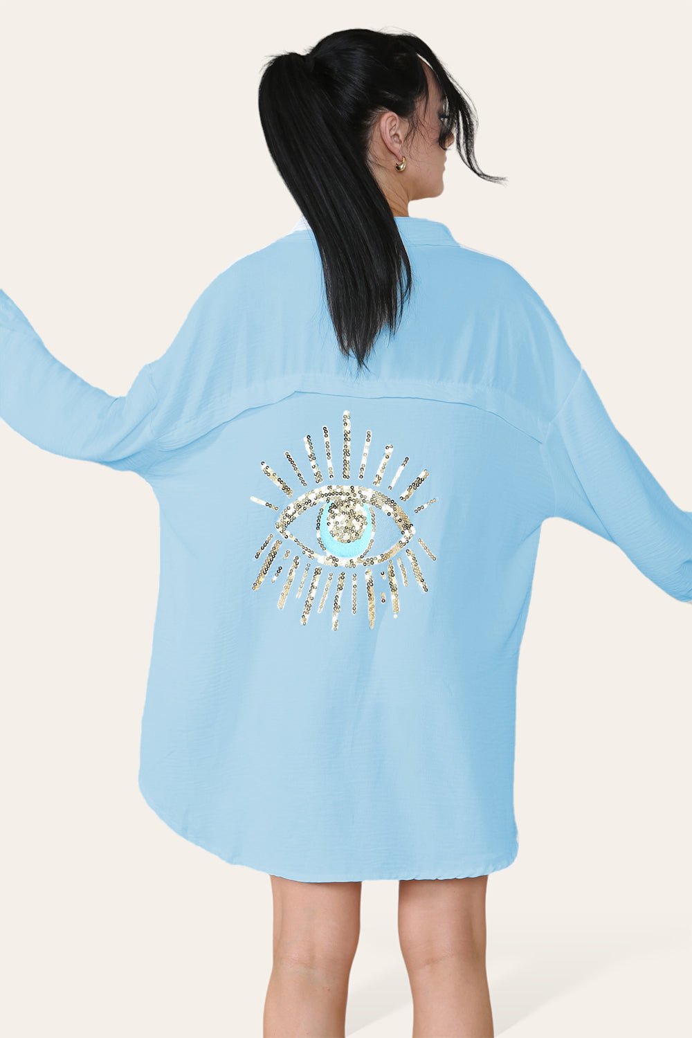 Oversized Long Sleeve Gold Sequin Eye Button Up Shirt Top & Bodysuit WearAll Sky Blue One Size (8-16)