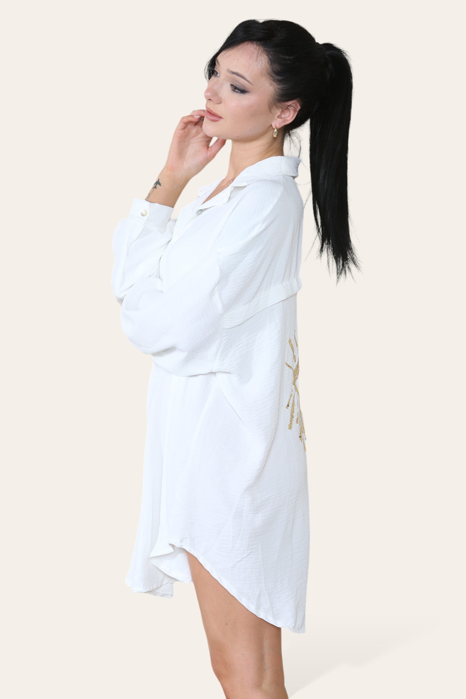 Oversized Long Sleeve Gold Sequin Eye Button Up Shirt Top & Bodysuit WearAll